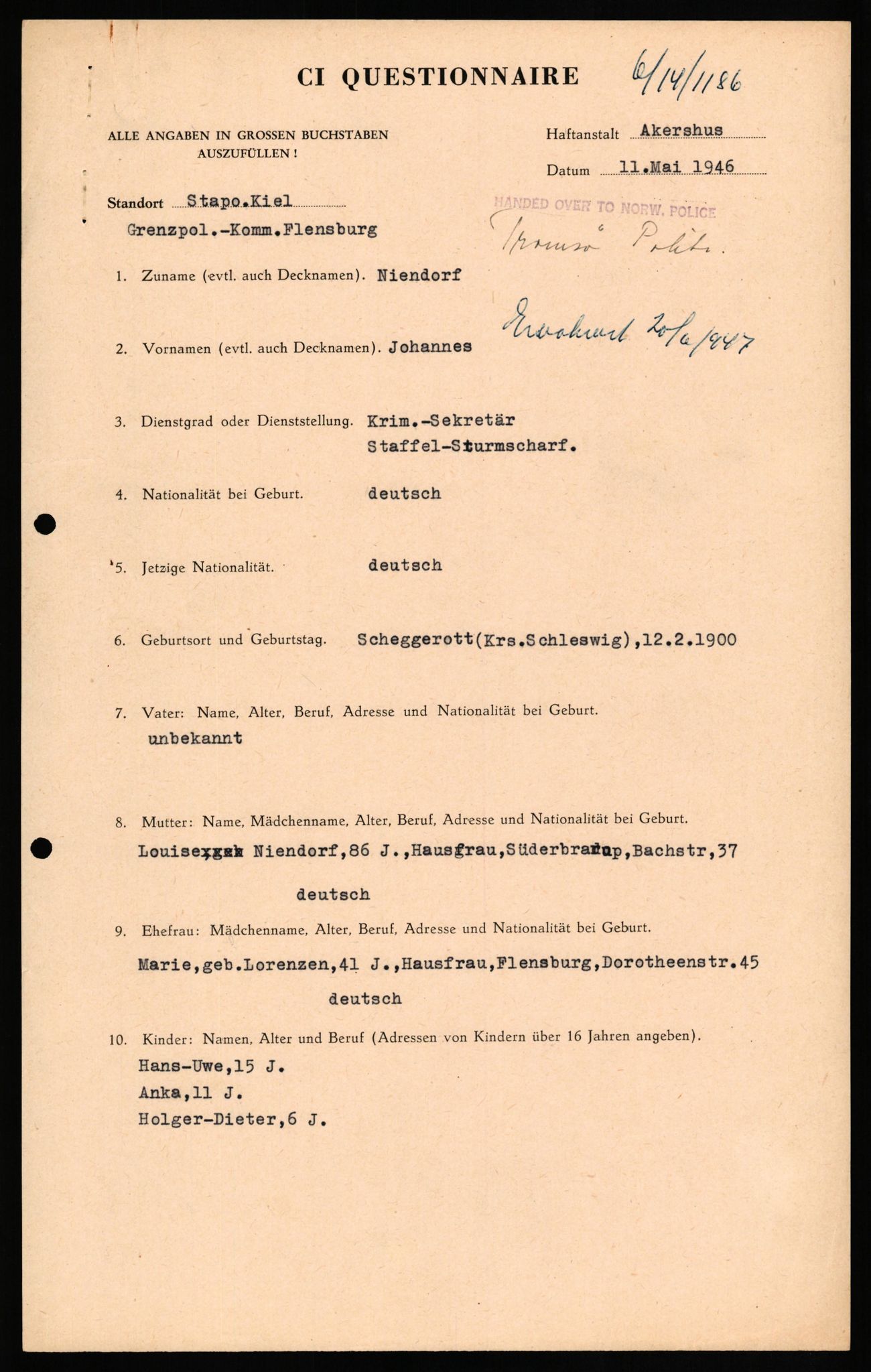 Forsvaret, Forsvarets overkommando II, RA/RAFA-3915/D/Db/L0024: CI Questionaires. Tyske okkupasjonsstyrker i Norge. Tyskere., 1945-1946, p. 166