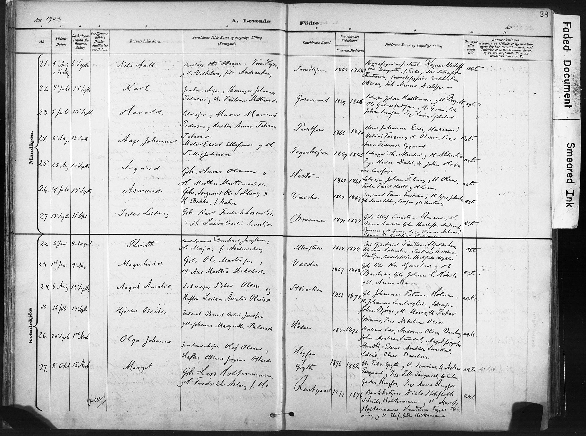 Ministerialprotokoller, klokkerbøker og fødselsregistre - Nord-Trøndelag, SAT/A-1458/717/L0162: Parish register (official) no. 717A12, 1898-1923, p. 28