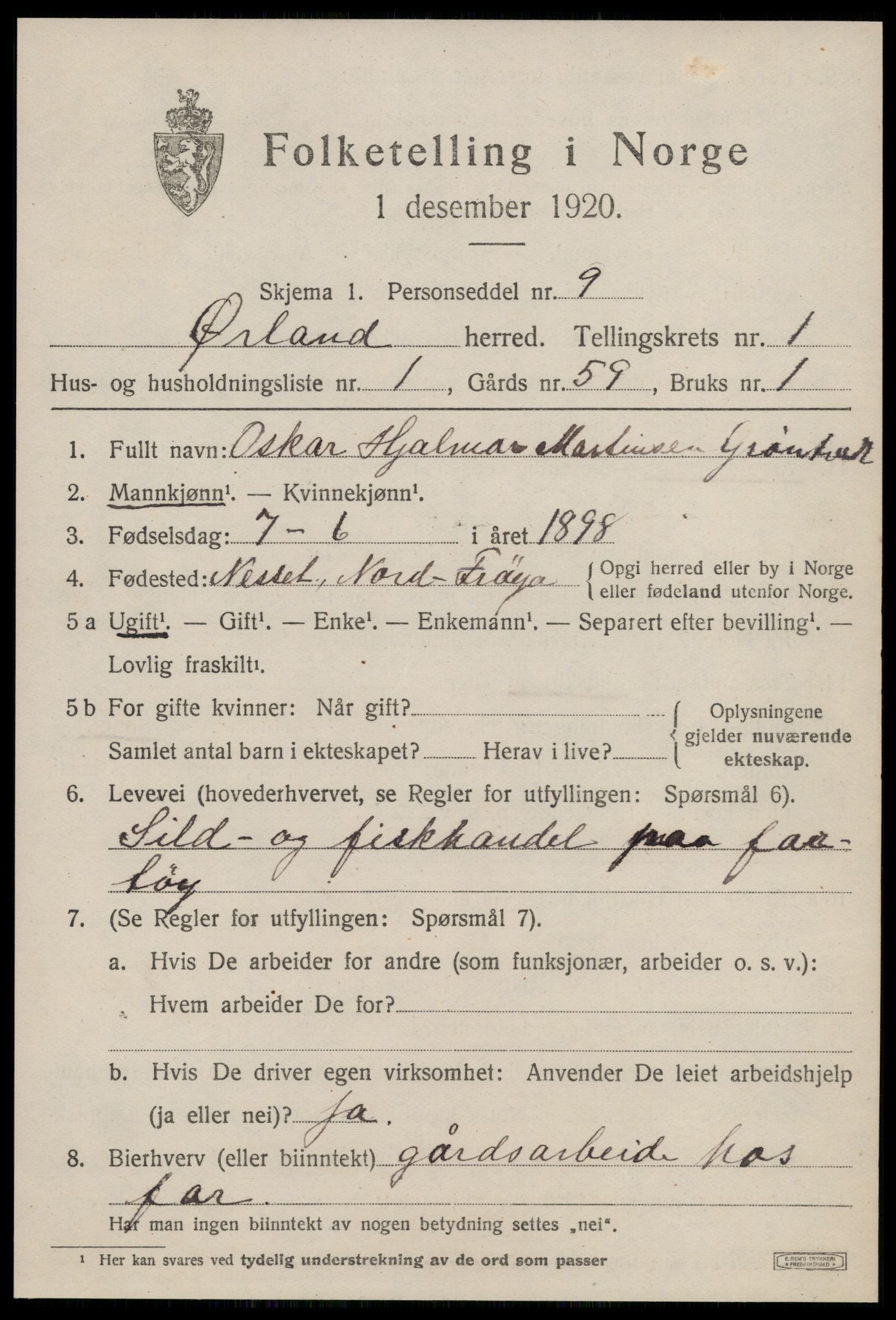 SAT, 1920 census for Ørland, 1920, p. 1359