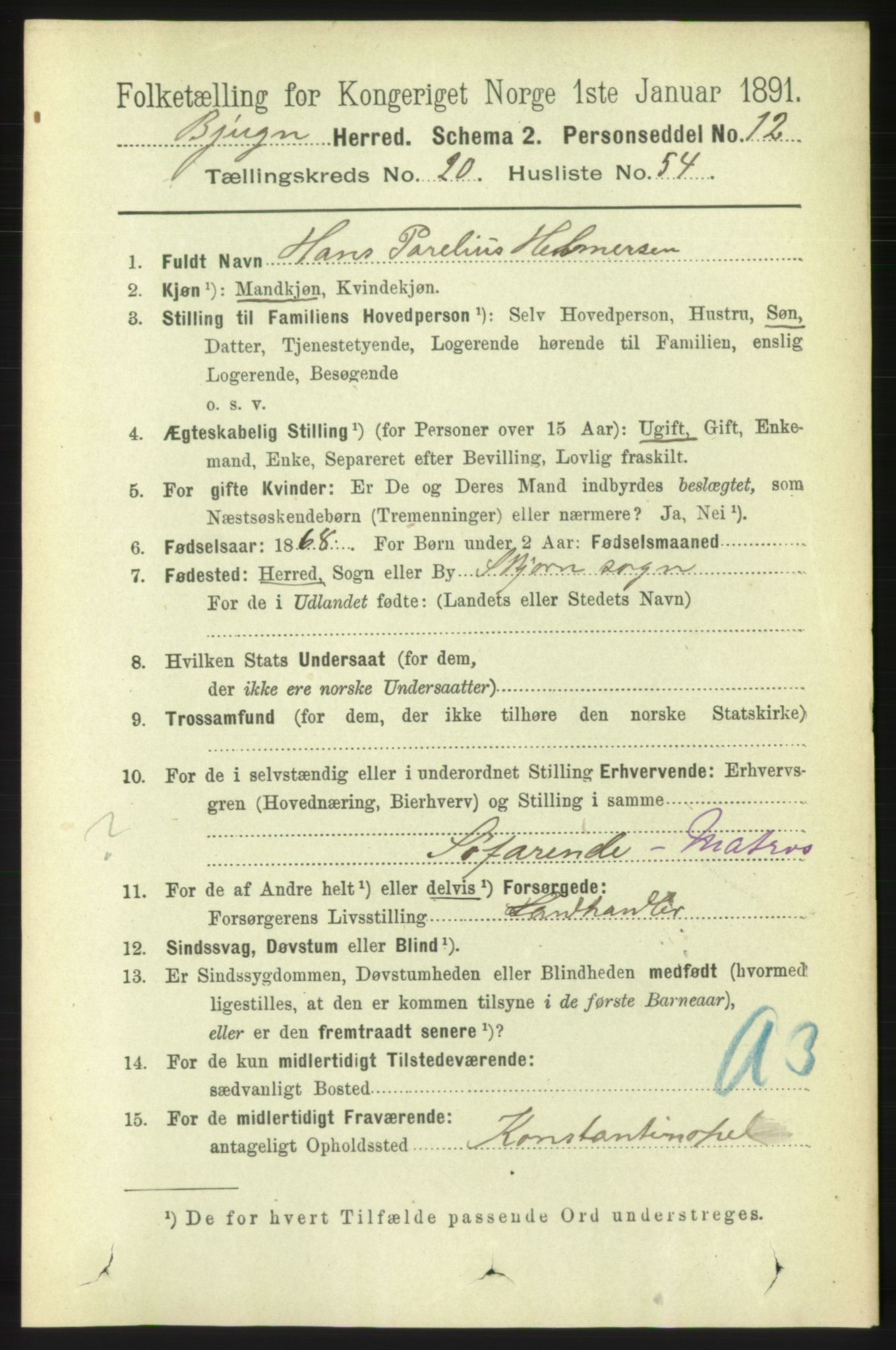 RA, 1891 census for 1627 Bjugn, 1891, p. 5738