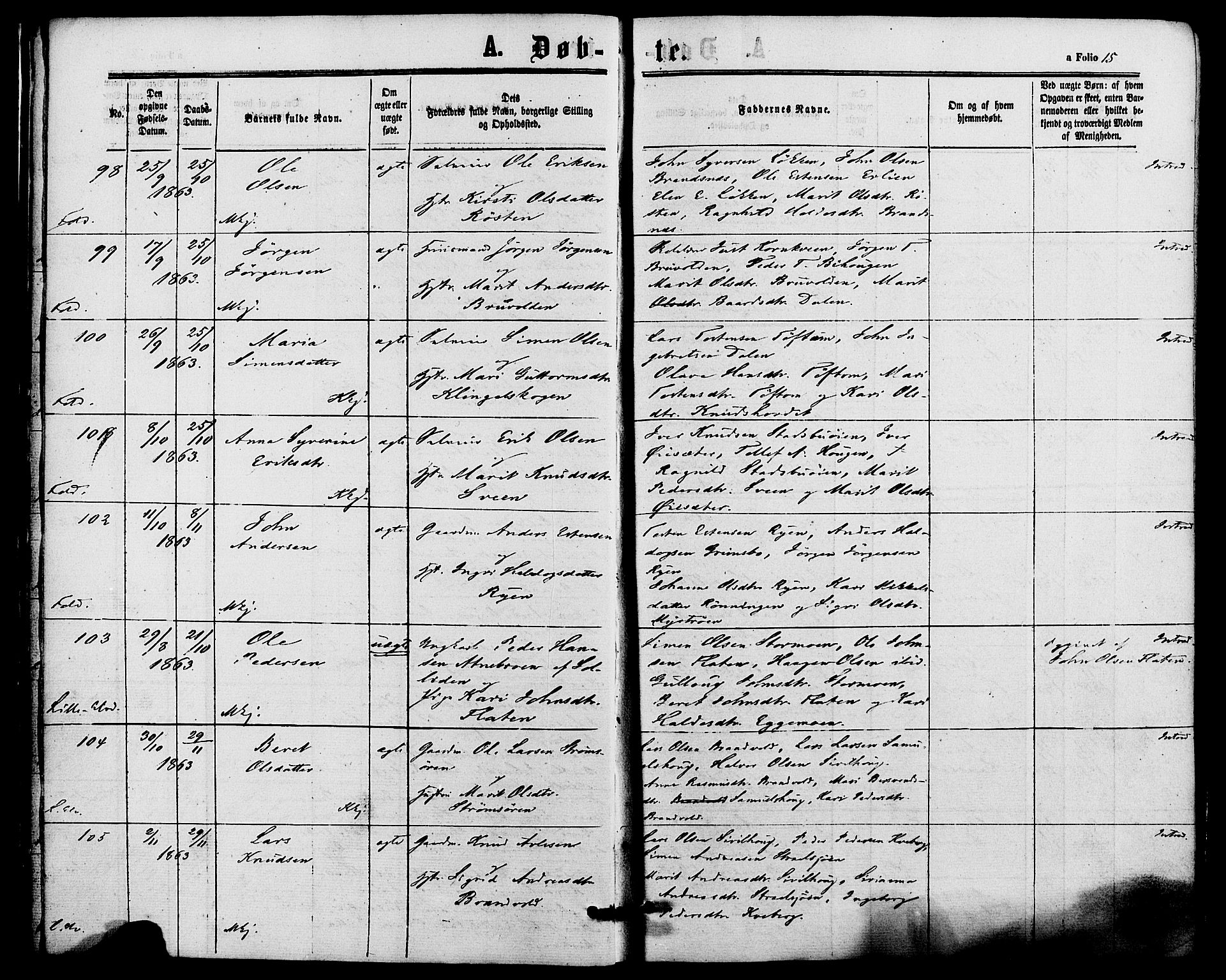 Alvdal prestekontor, AV/SAH-PREST-060/H/Ha/Haa/L0001: Parish register (official) no. 1, 1863-1882, p. 15