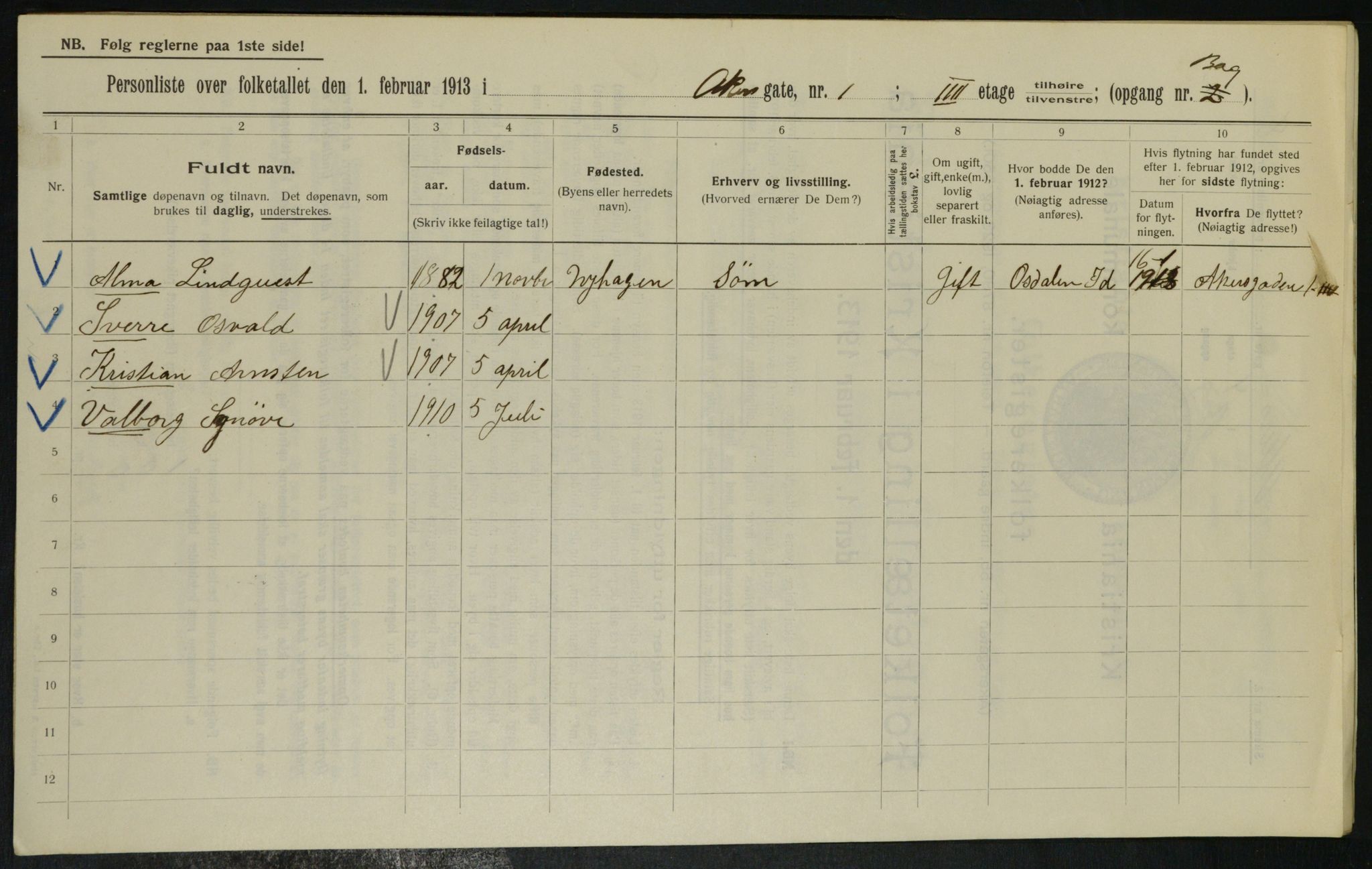 OBA, Municipal Census 1913 for Kristiania, 1913, p. 310