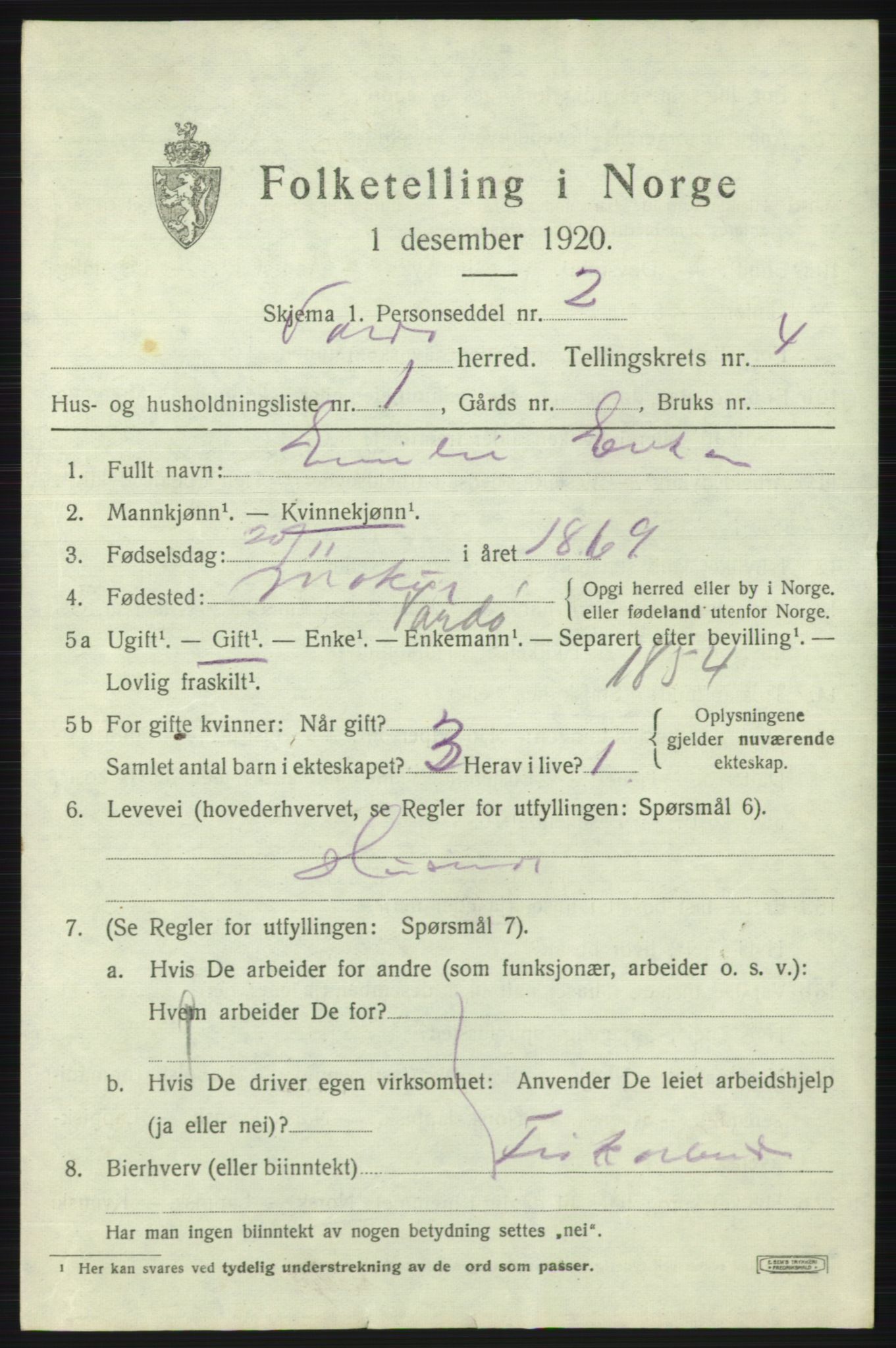 SATØ, 1920 census for Vardø rural district, 1920, p. 2034