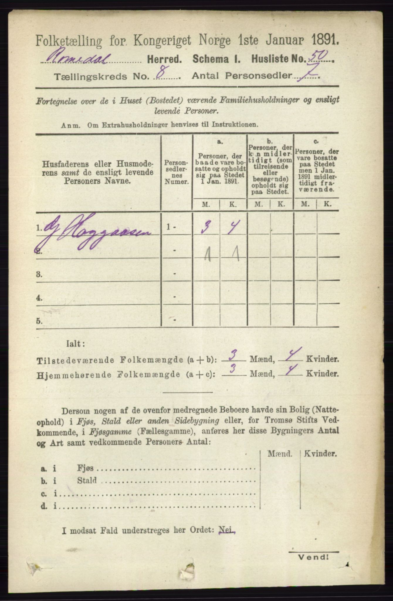 RA, 1891 census for 0416 Romedal, 1891, p. 3961