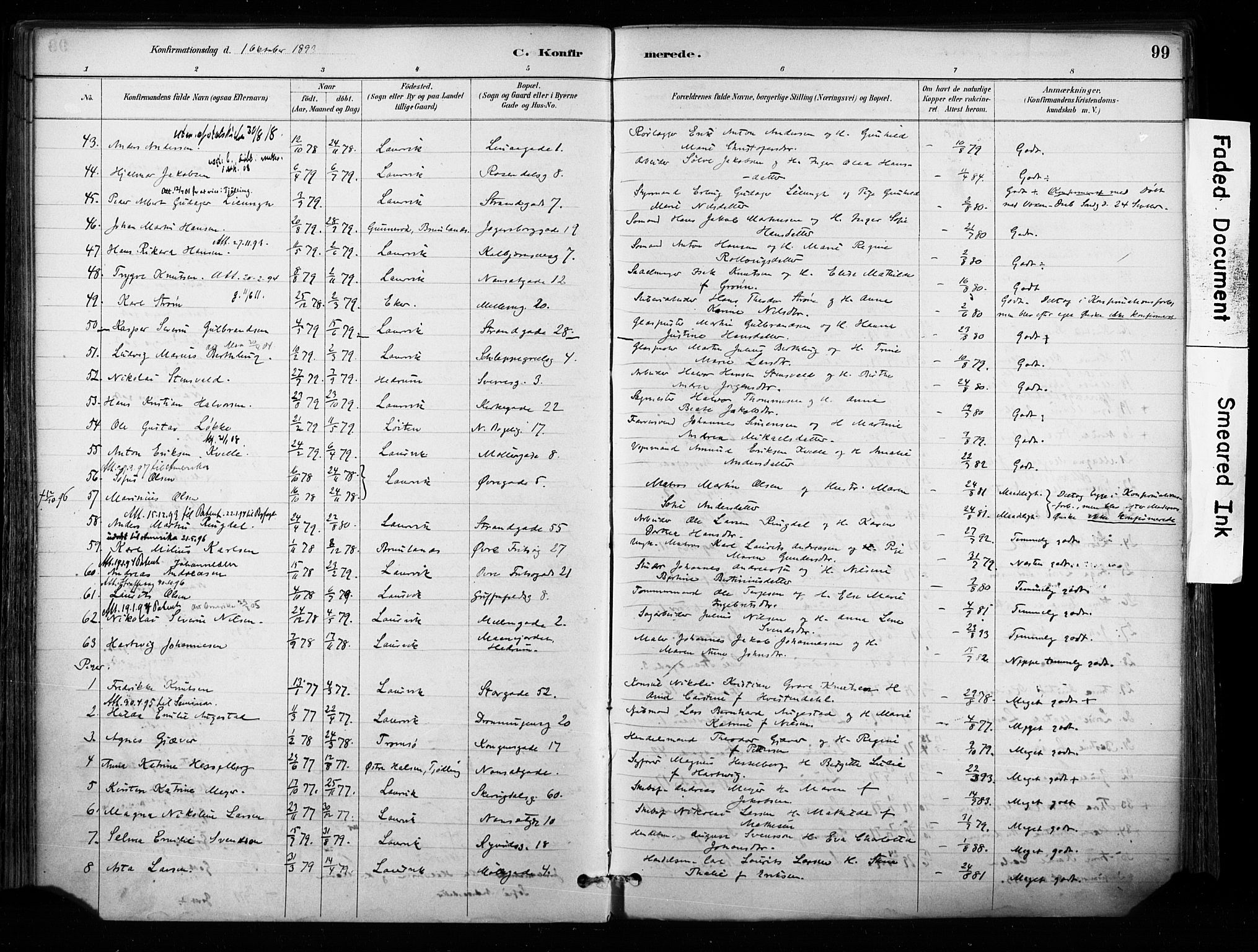 Larvik kirkebøker, AV/SAKO-A-352/F/Fa/L0008: Parish register (official) no. I 8, 1884-1902, p. 99