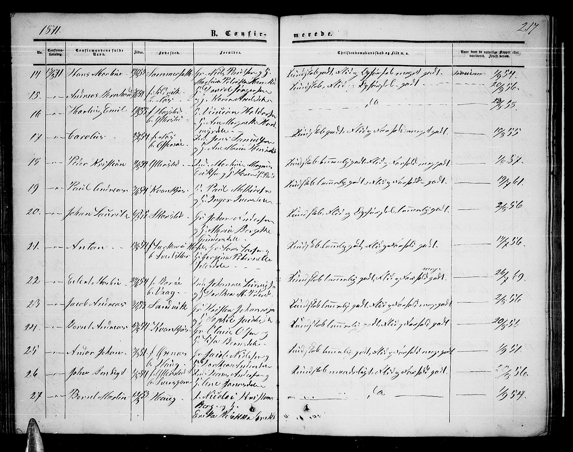 Ministerialprotokoller, klokkerbøker og fødselsregistre - Nordland, AV/SAT-A-1459/872/L1046: Parish register (copy) no. 872C02, 1852-1879, p. 217