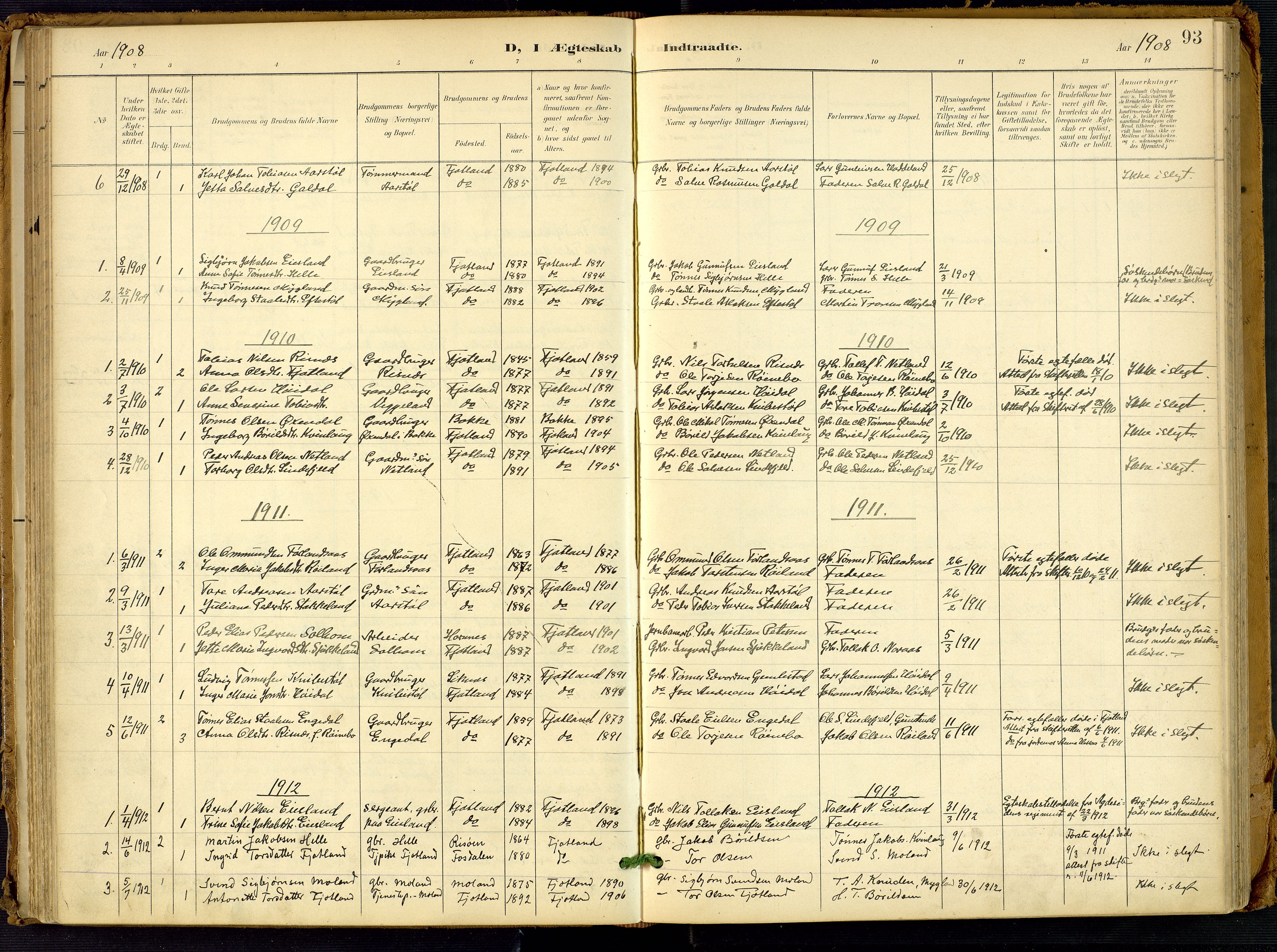 Fjotland sokneprestkontor, AV/SAK-1111-0010/F/Fa/L0003: Parish register (official) no. A 3, 1899-1917, p. 93