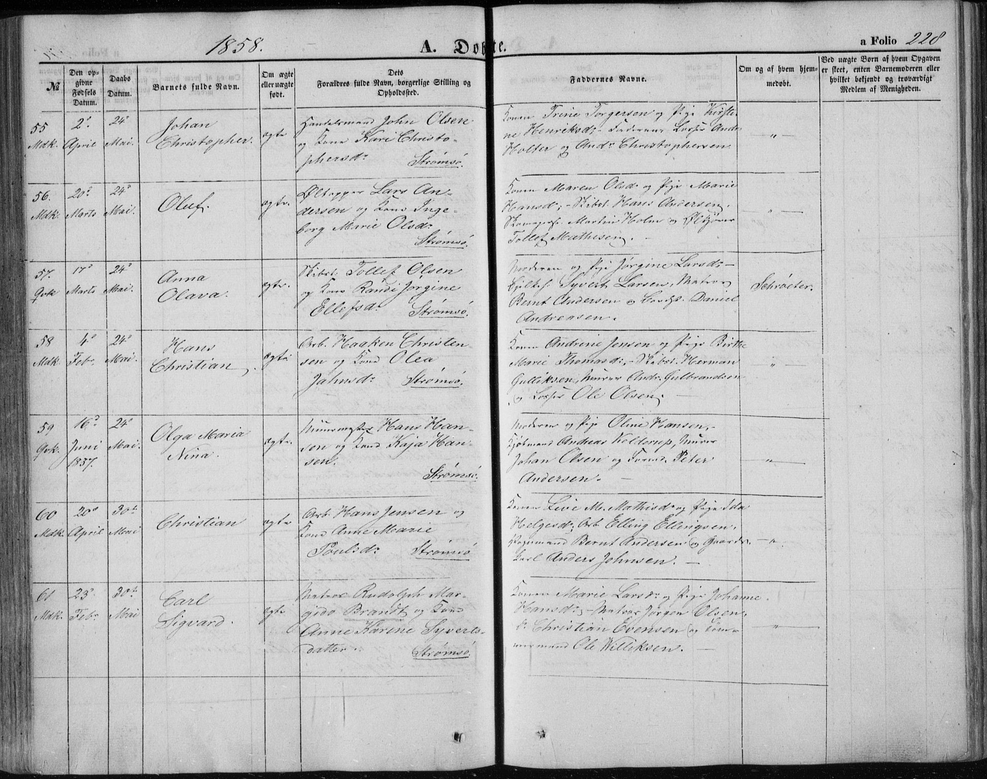 Strømsø kirkebøker, AV/SAKO-A-246/F/Fa/L0014: Parish register (official) no. I 14, 1848-1858, p. 228