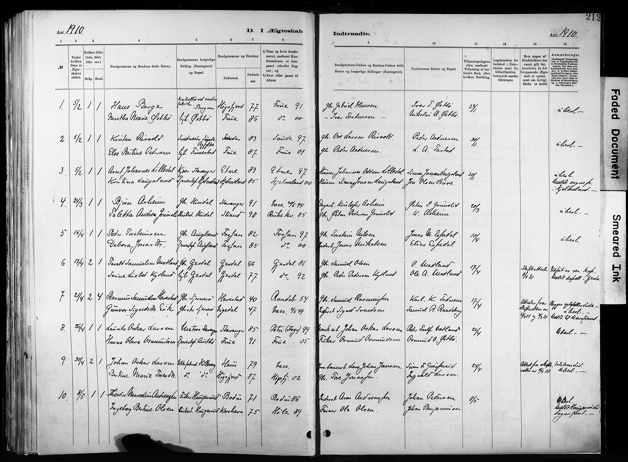 Hetland sokneprestkontor, SAST/A-101826/30/30BA/L0011: Parish register (official) no. A 11, 1884-1911, p. 212