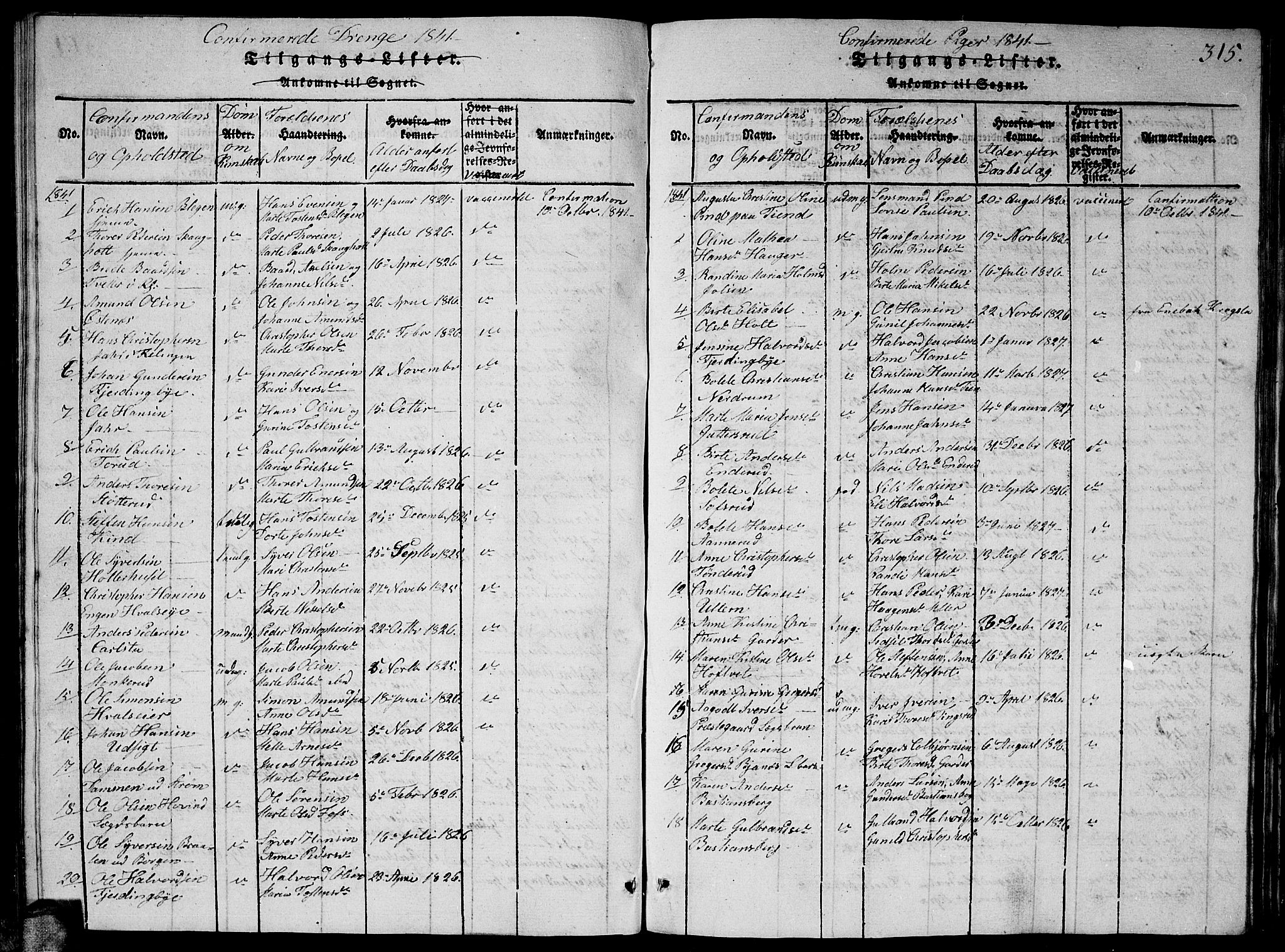 Fet prestekontor Kirkebøker, AV/SAO-A-10370a/G/Ga/L0001: Parish register (copy) no. I 1, 1815-1842, p. 315