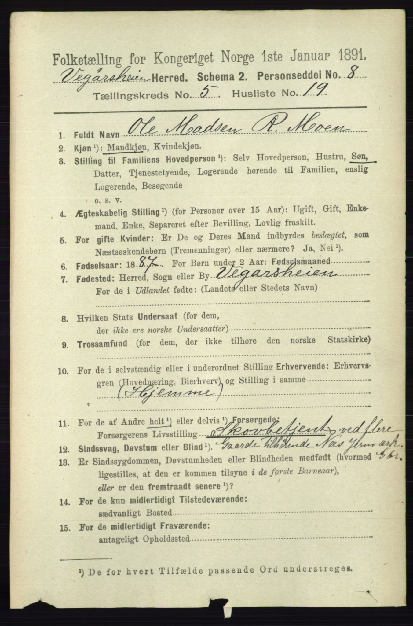 RA, 1891 census for 0912 Vegårshei, 1891, p. 1113