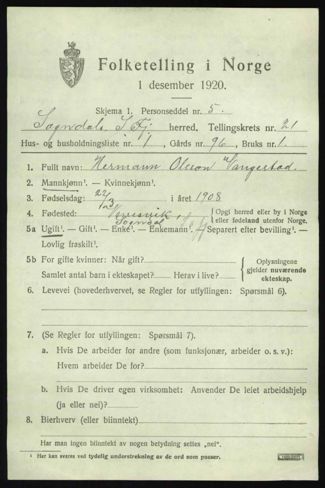 SAB, 1920 census for Sogndal, 1920, p. 7709