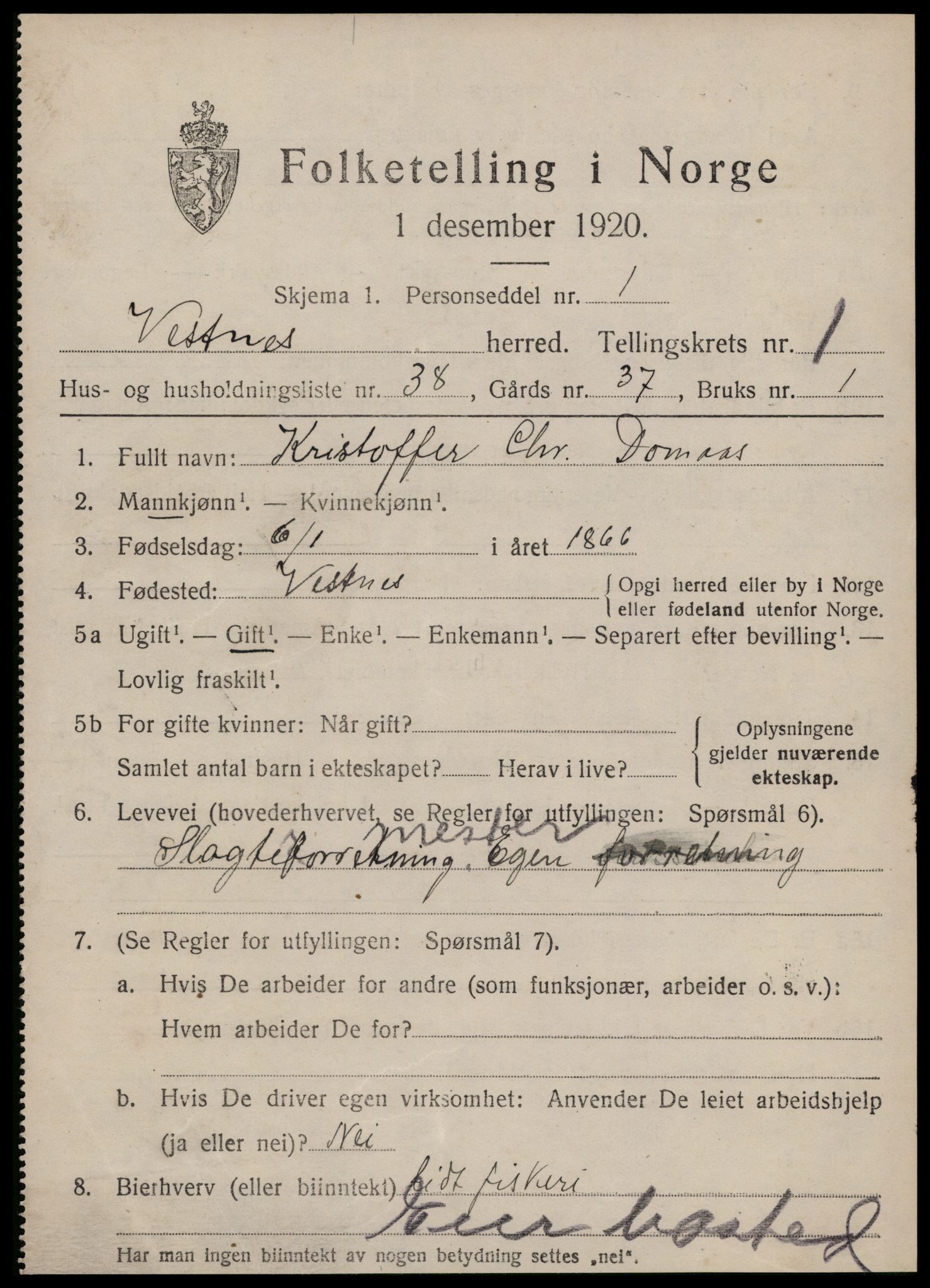 SAT, 1920 census for Vestnes, 1920, p. 1665