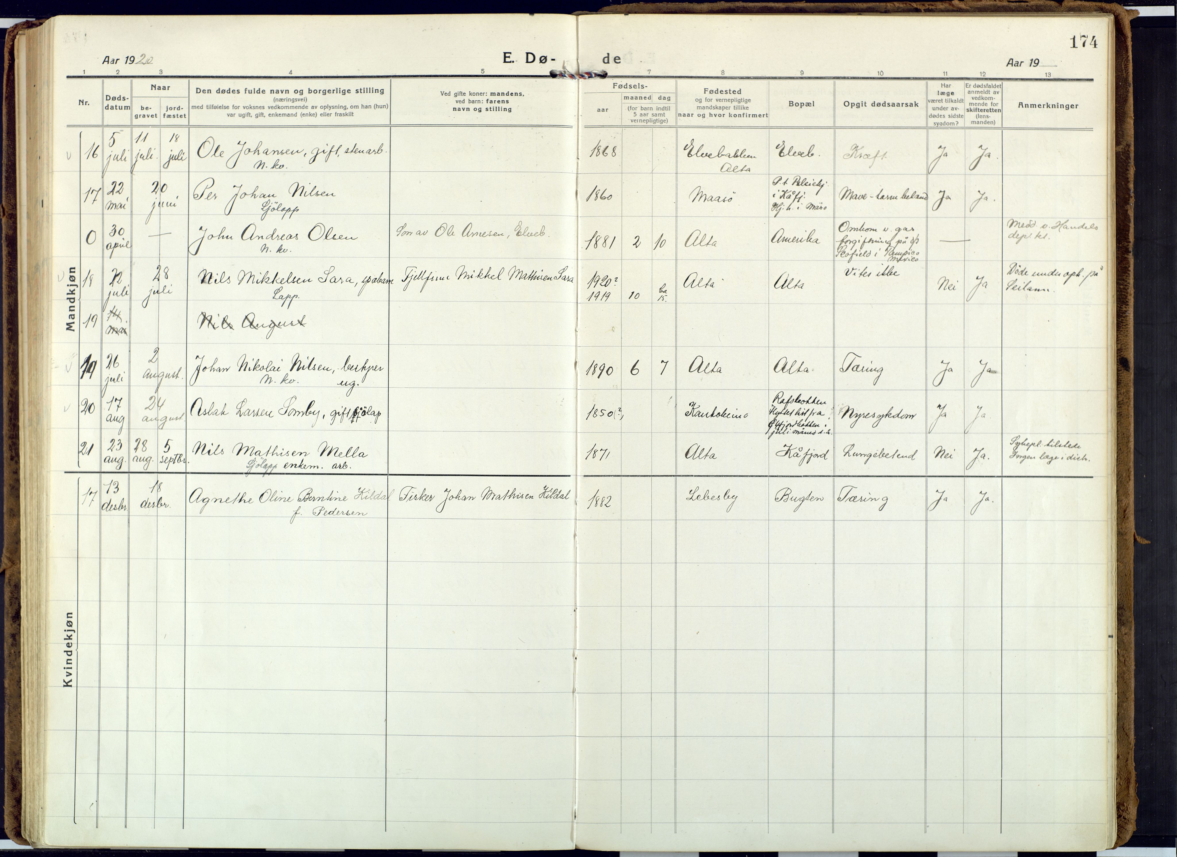Alta sokneprestkontor, AV/SATØ-S-1338/H/Ha: Parish register (official) no. 6, 1918-1931, p. 174