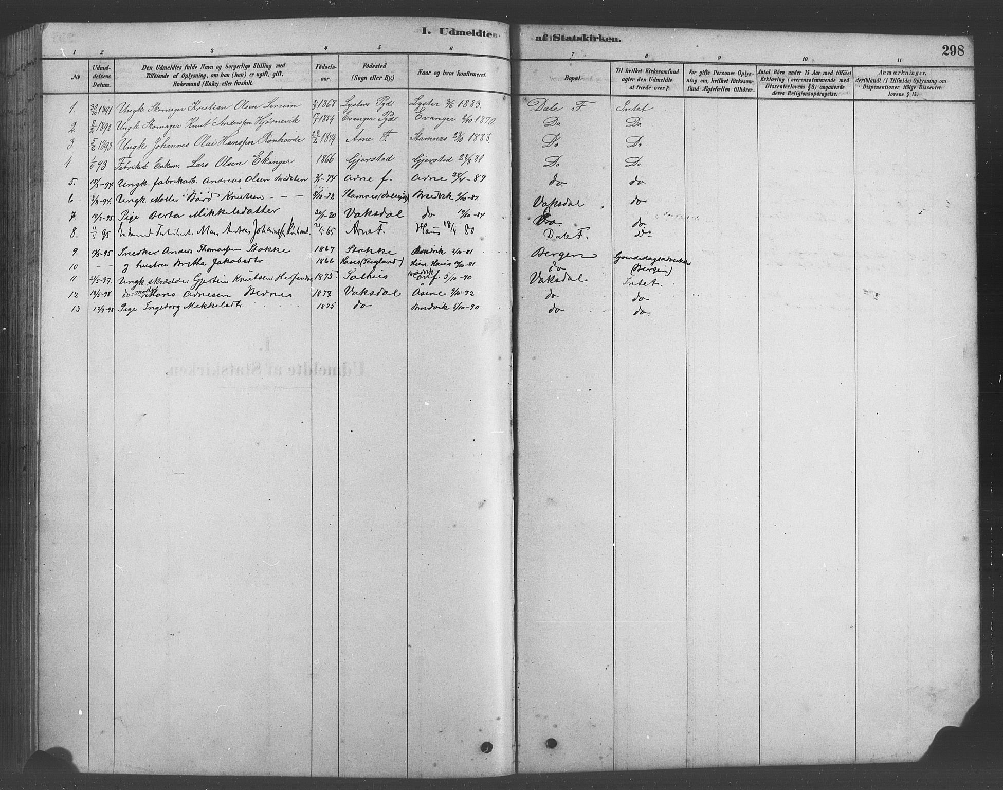 Bruvik Sokneprestembete, SAB/A-74701/H/Hab: Parish register (copy) no. A 1, 1878-1907, p. 298