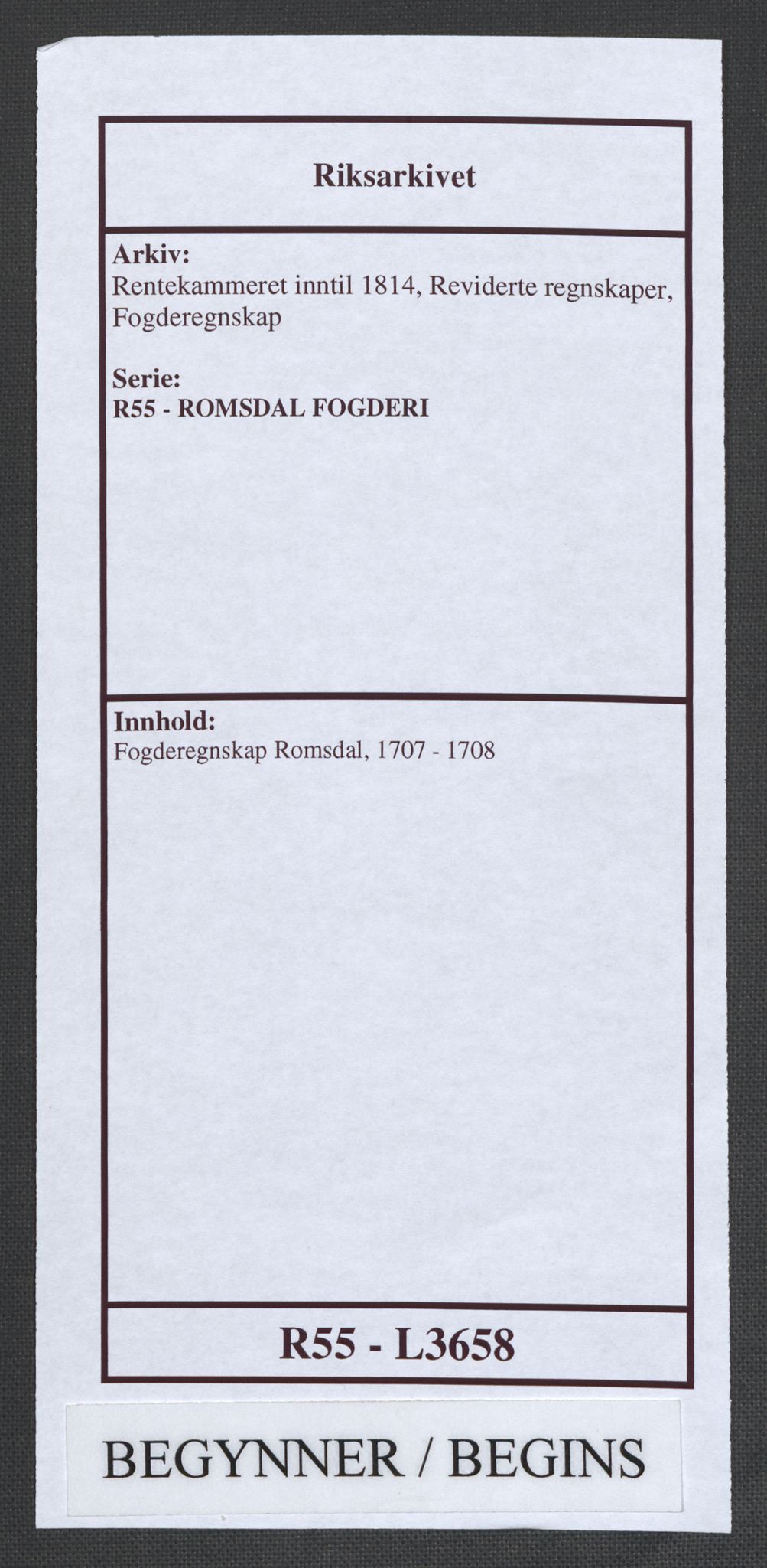 Rentekammeret inntil 1814, Reviderte regnskaper, Fogderegnskap, RA/EA-4092/R55/L3658: Fogderegnskap Romsdal, 1707-1708, p. 1