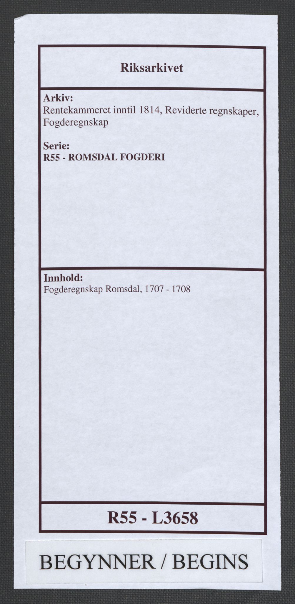 Rentekammeret inntil 1814, Reviderte regnskaper, Fogderegnskap, AV/RA-EA-4092/R55/L3658: Fogderegnskap Romsdal, 1707-1708, p. 1