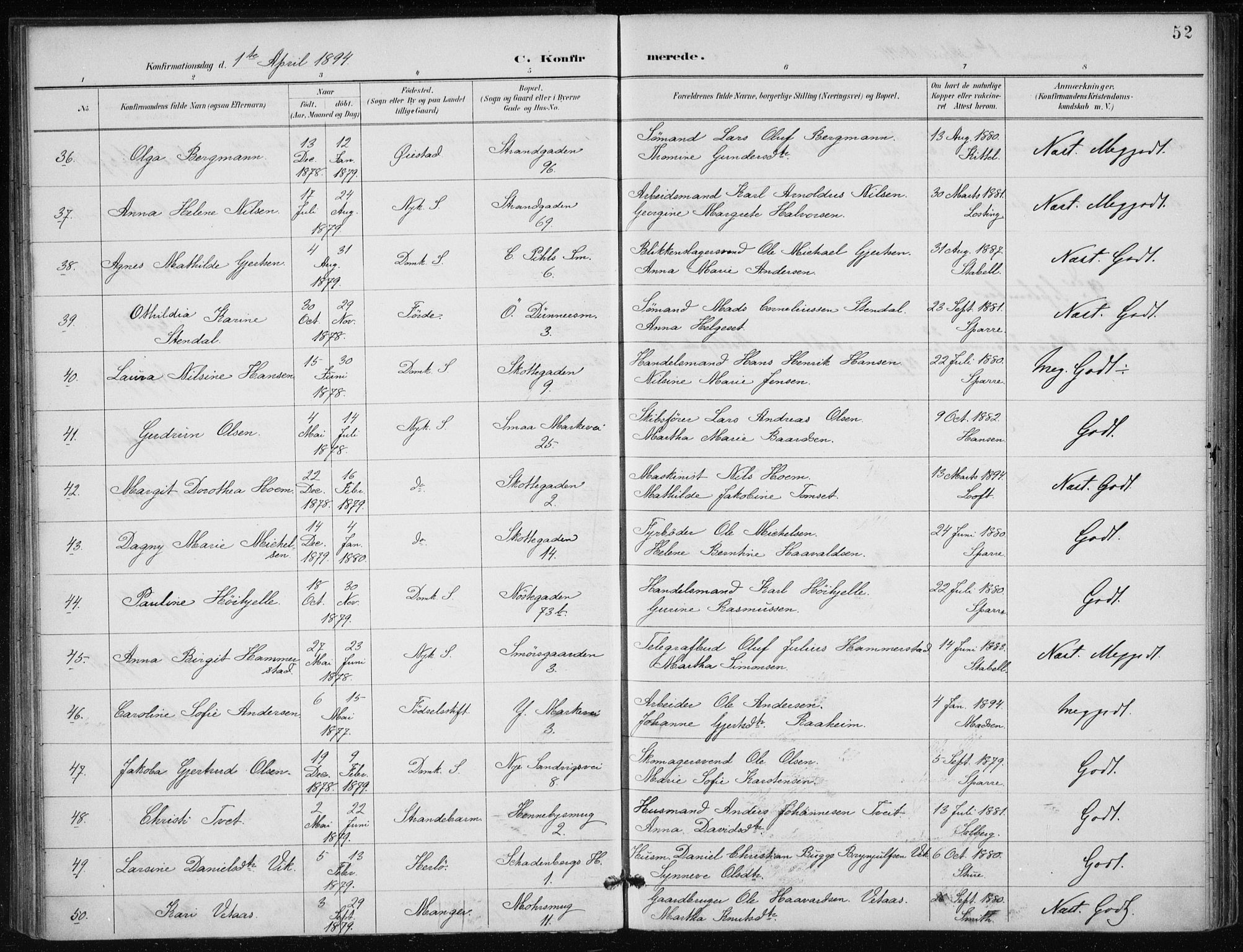 Nykirken Sokneprestembete, AV/SAB-A-77101/H/Haa/L0028: Parish register (official) no. C 7, 1887-1913, p. 52