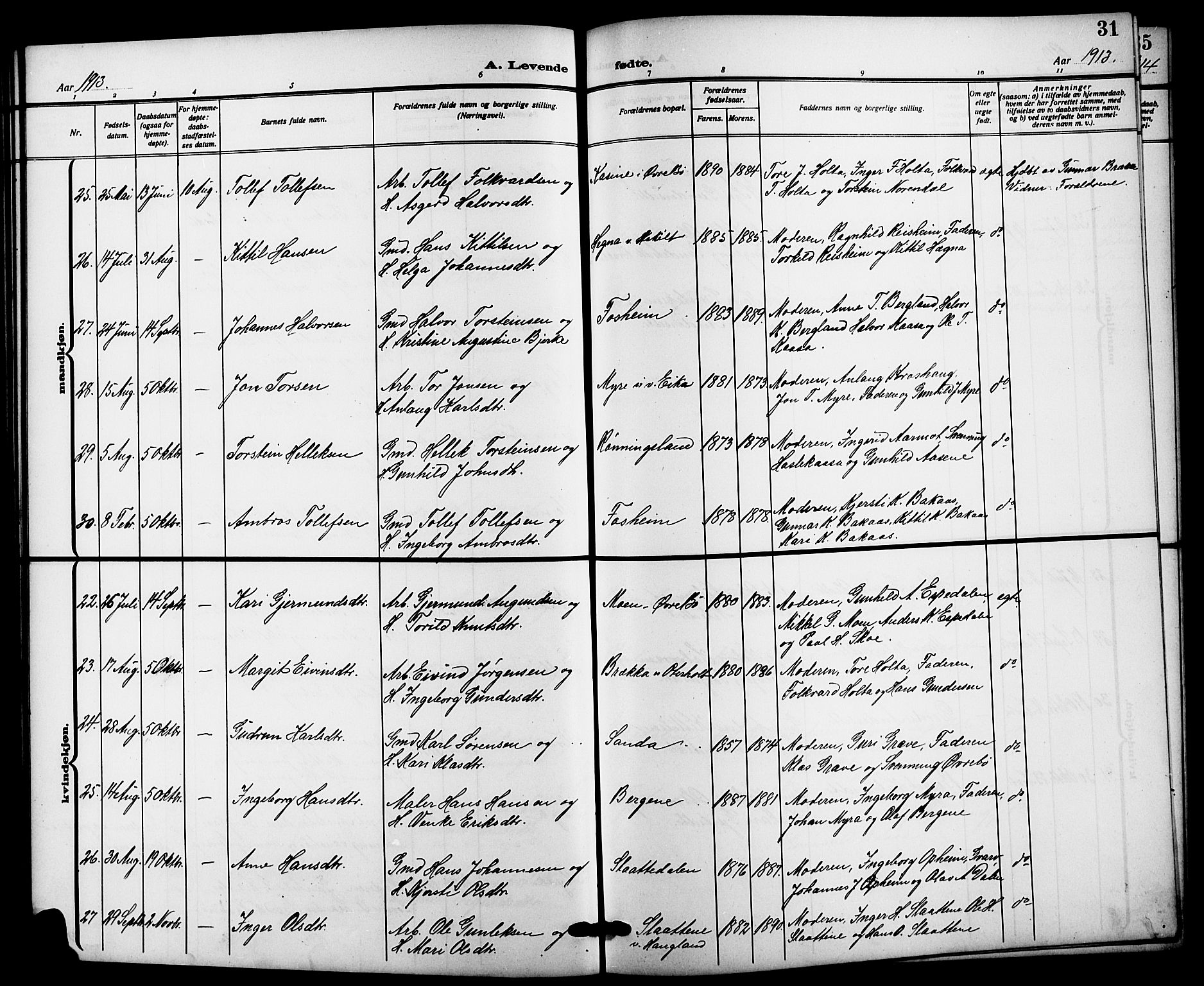 Bø kirkebøker, AV/SAKO-A-257/G/Ga/L0007: Parish register (copy) no. 7, 1909-1924, p. 31