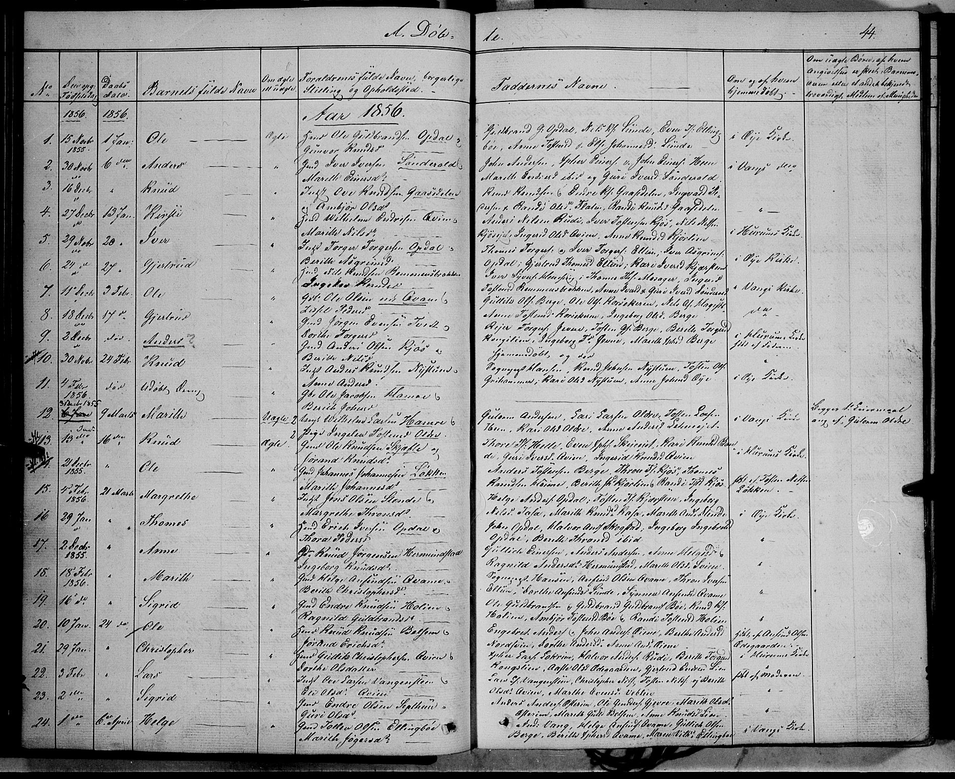 Vang prestekontor, Valdres, SAH/PREST-140/H/Ha/L0006: Parish register (official) no. 6, 1846-1864, p. 44
