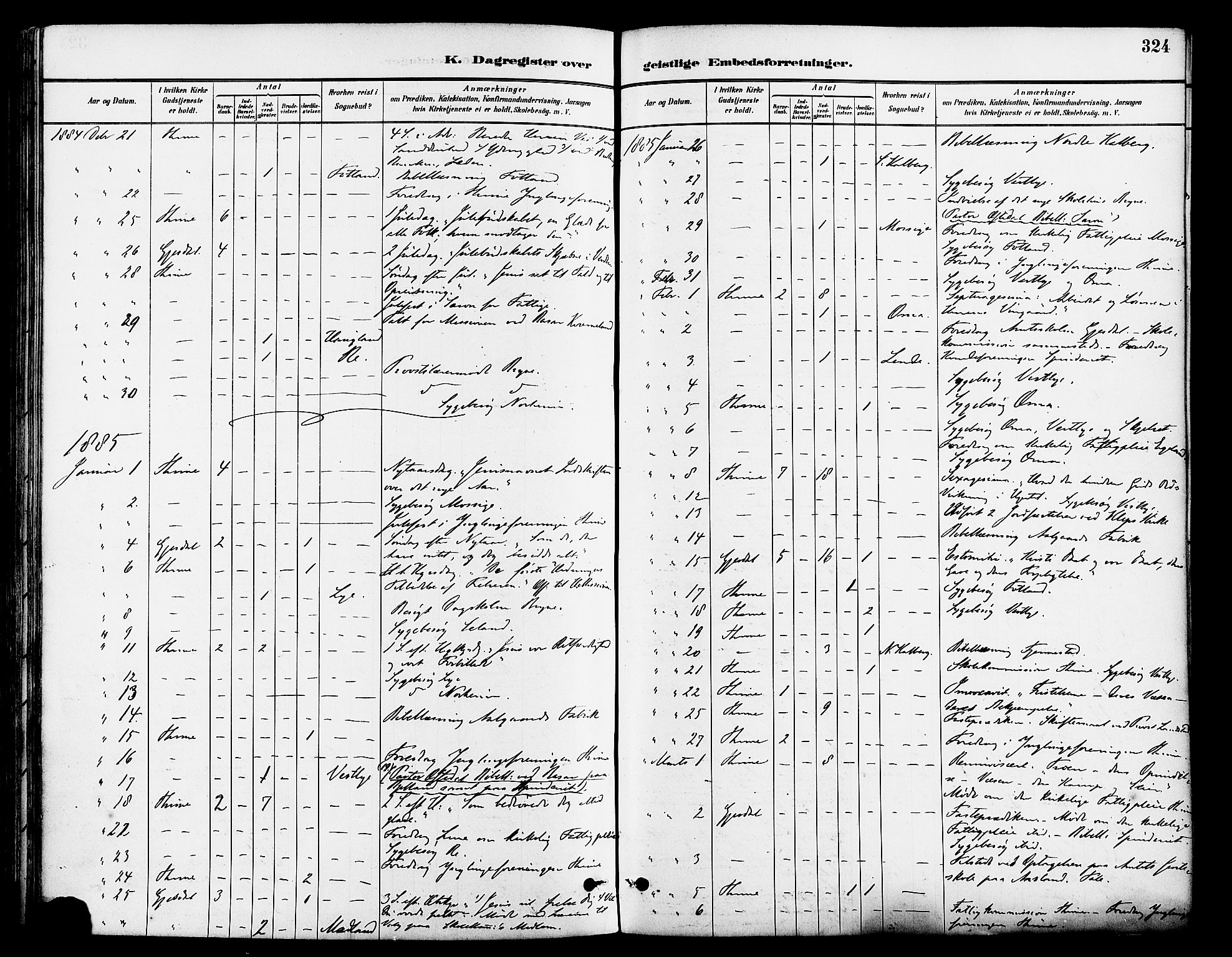 Lye sokneprestkontor, SAST/A-101794/001/30BA/L0009: Parish register (official) no. A 8, 1881-1892, p. 324