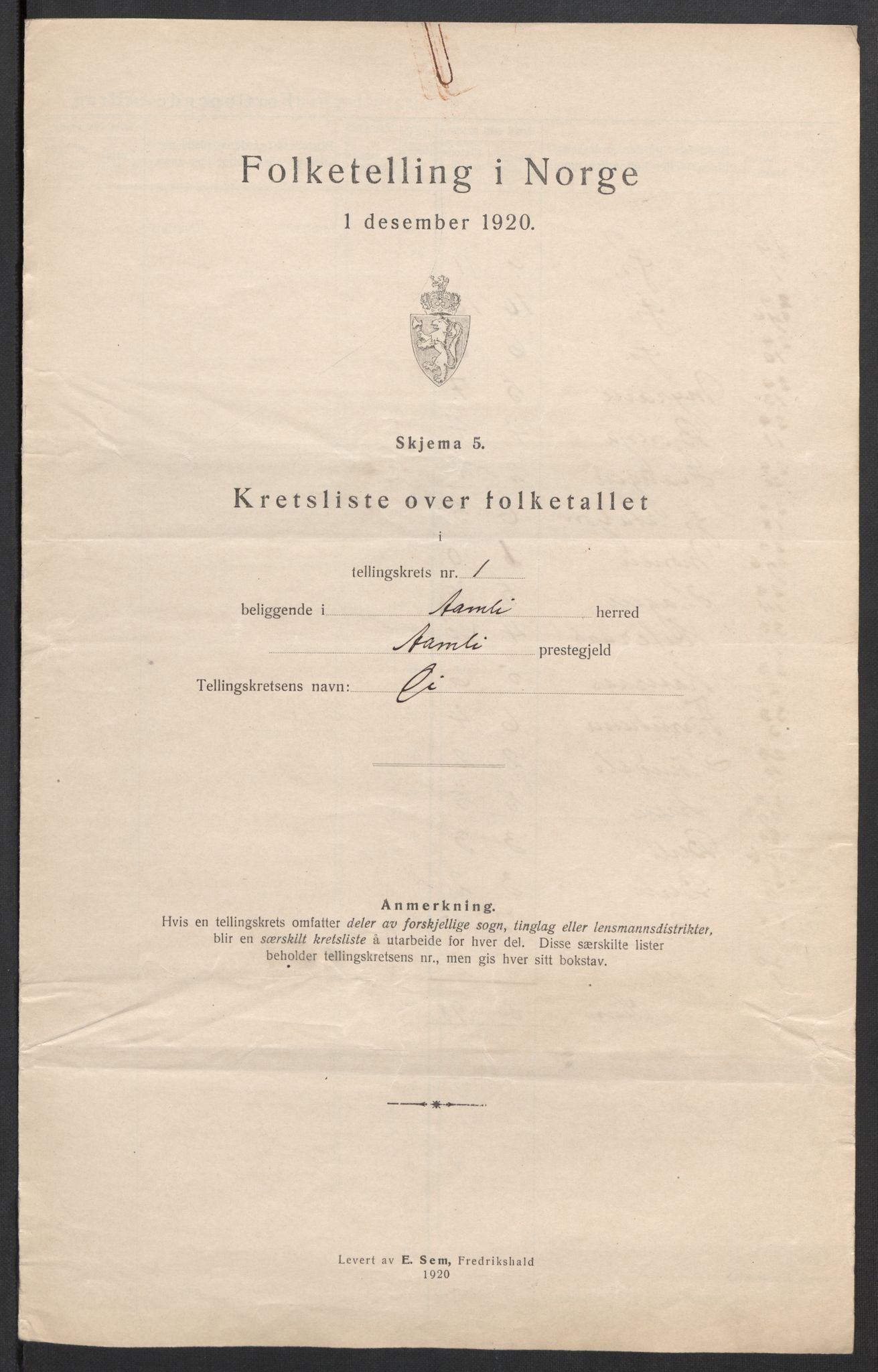 SAK, 1920 census for Åmli, 1920, p. 6