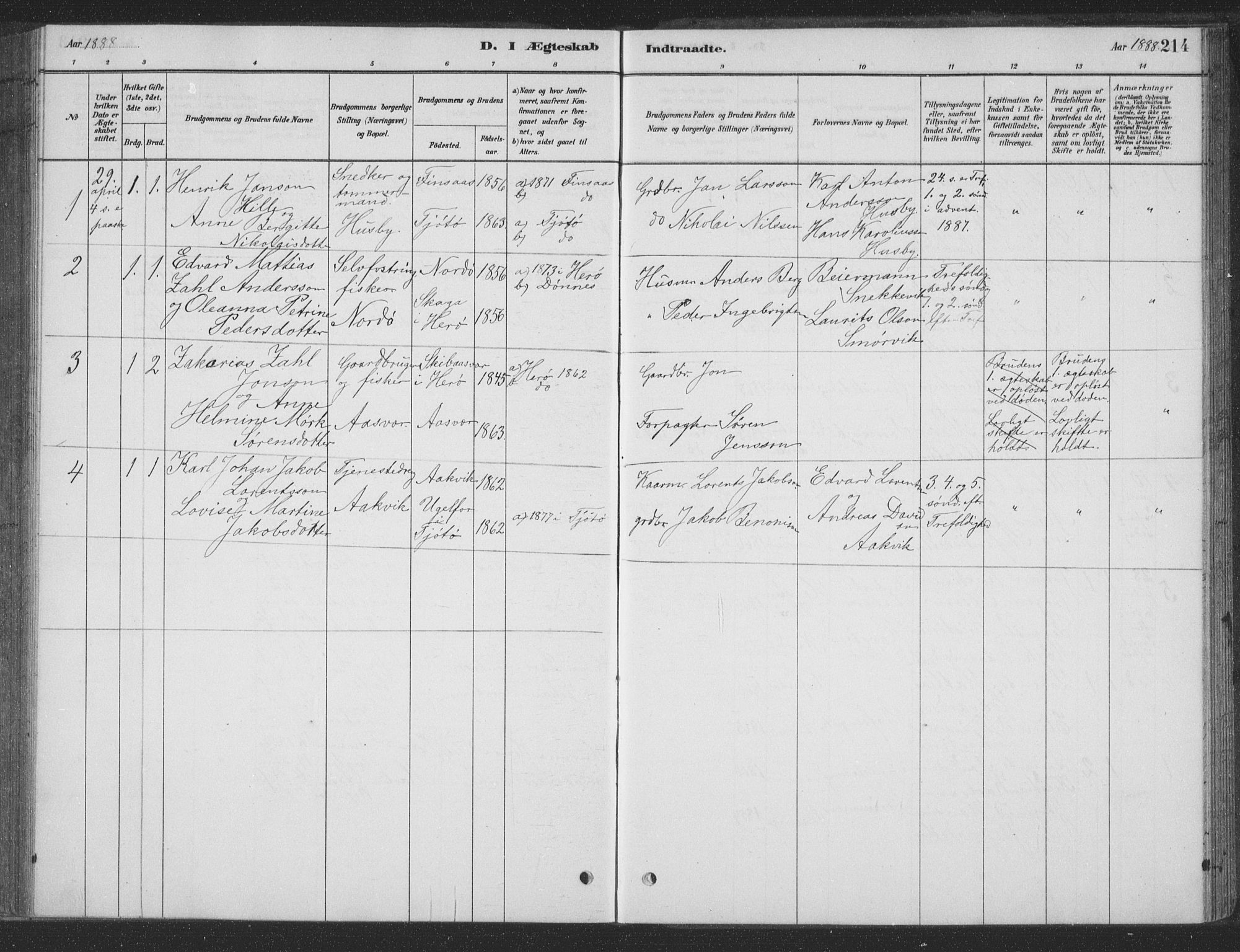 Ministerialprotokoller, klokkerbøker og fødselsregistre - Nordland, AV/SAT-A-1459/835/L0532: Parish register (copy) no. 835C04, 1880-1905, p. 214