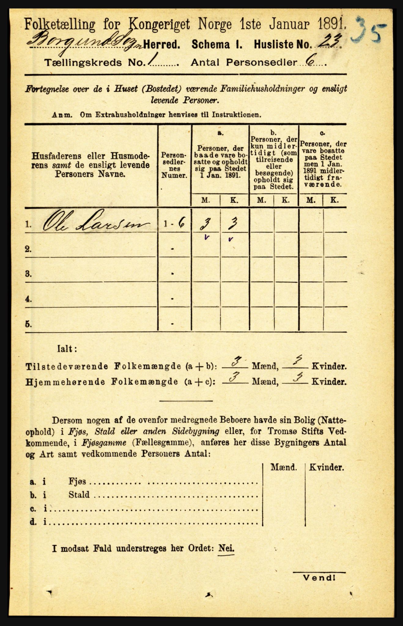 RA, 1891 census for 1423 Borgund, 1891, p. 36