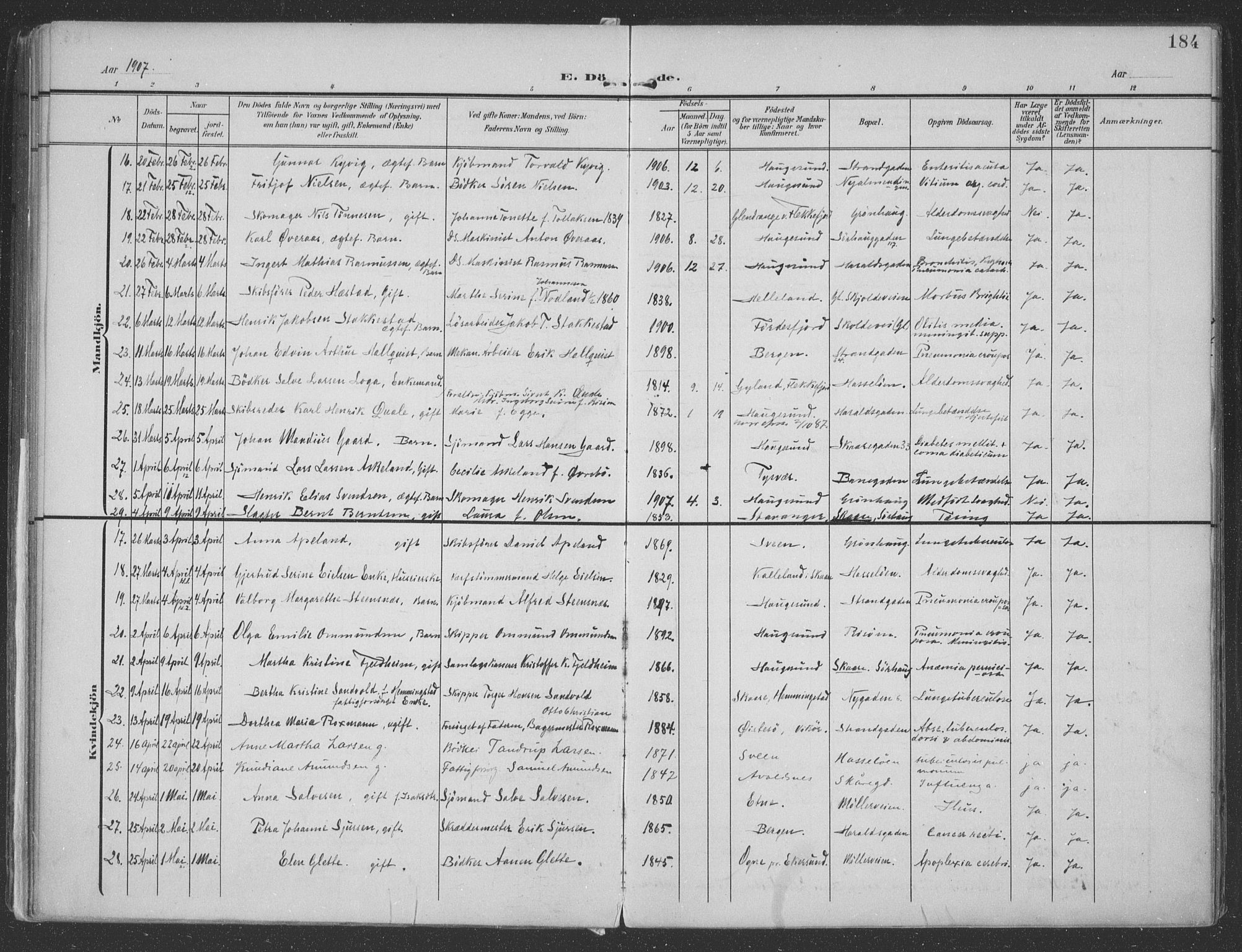 Haugesund sokneprestkontor, AV/SAST-A -101863/H/Ha/Haa/L0007: Parish register (official) no. A 7, 1904-1916, p. 184