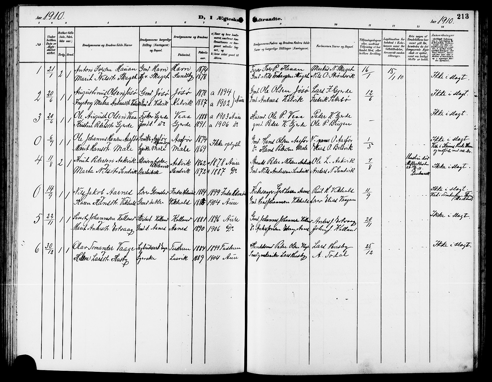 Ministerialprotokoller, klokkerbøker og fødselsregistre - Møre og Romsdal, AV/SAT-A-1454/578/L0910: Parish register (copy) no. 578C03, 1900-1921, p. 213