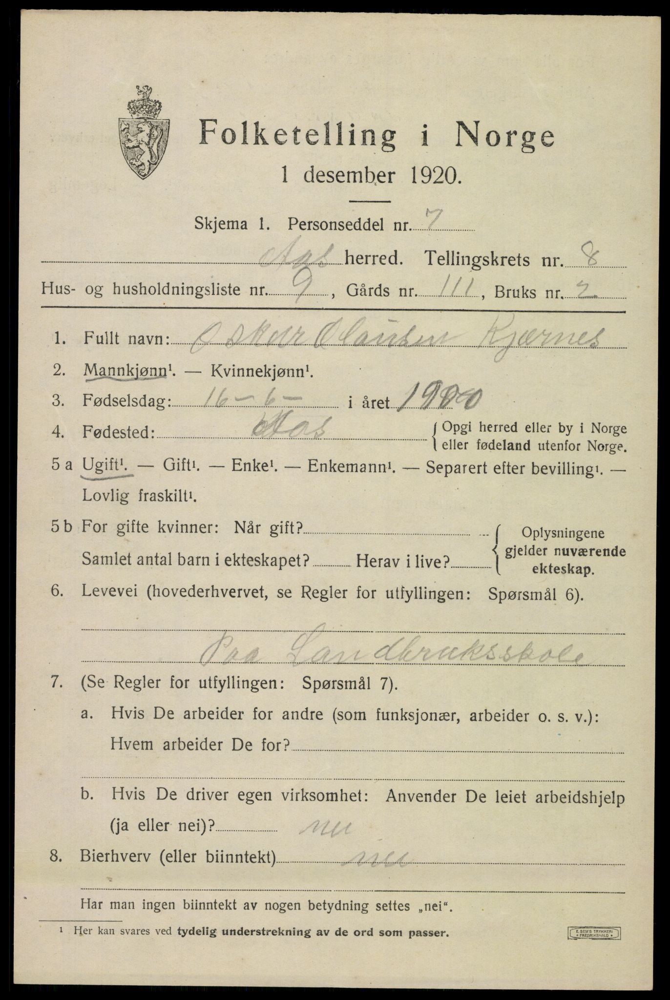 SAO, 1920 census for Ås, 1920, p. 8108