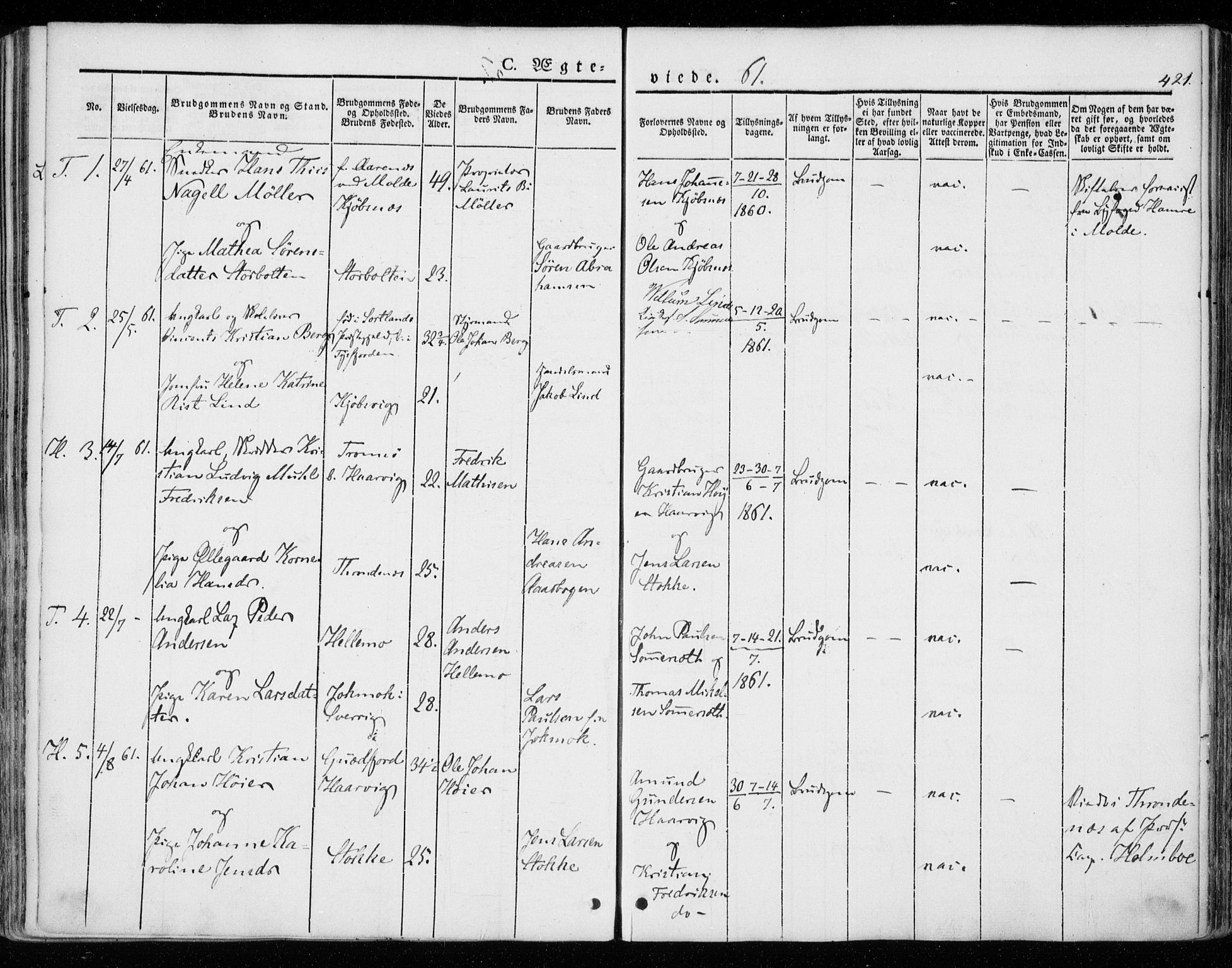 Ministerialprotokoller, klokkerbøker og fødselsregistre - Nordland, SAT/A-1459/872/L1033: Parish register (official) no. 872A08, 1840-1863, p. 421