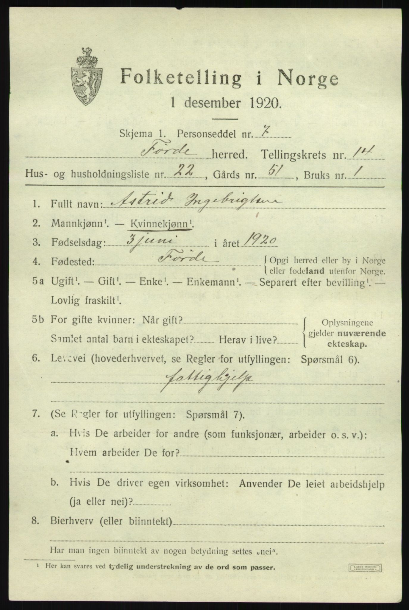 SAB, 1920 census for Førde, 1920, p. 5142