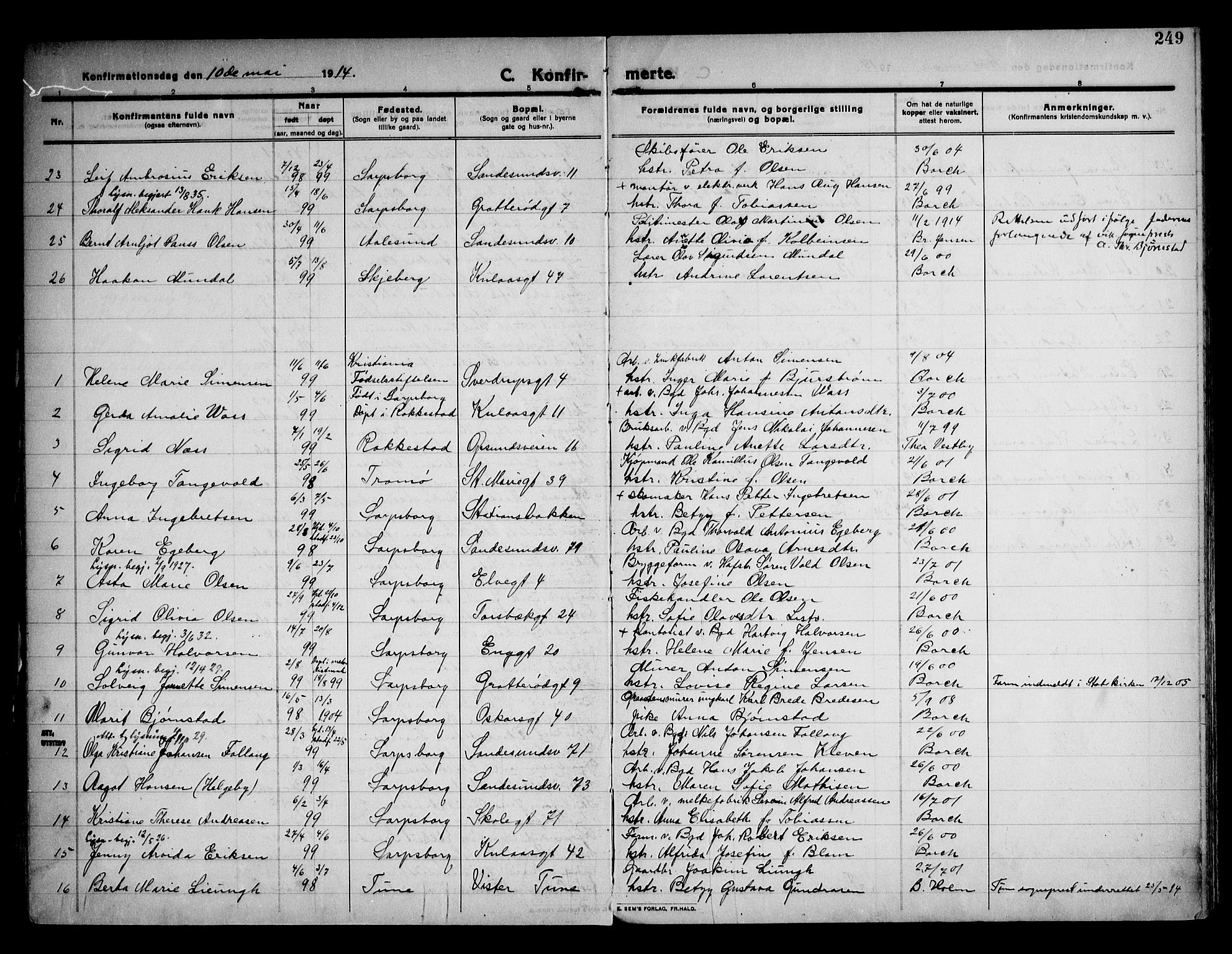 Sarpsborg prestekontor Kirkebøker, AV/SAO-A-2006/F/Fa/L0008: Parish register (official) no. 8, 1910-1920, p. 249