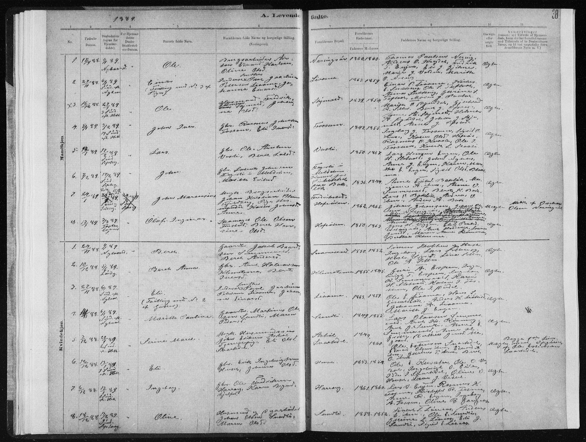 Ministerialprotokoller, klokkerbøker og fødselsregistre - Sør-Trøndelag, AV/SAT-A-1456/668/L0818: Parish register (copy) no. 668C07, 1885-1898, p. 38