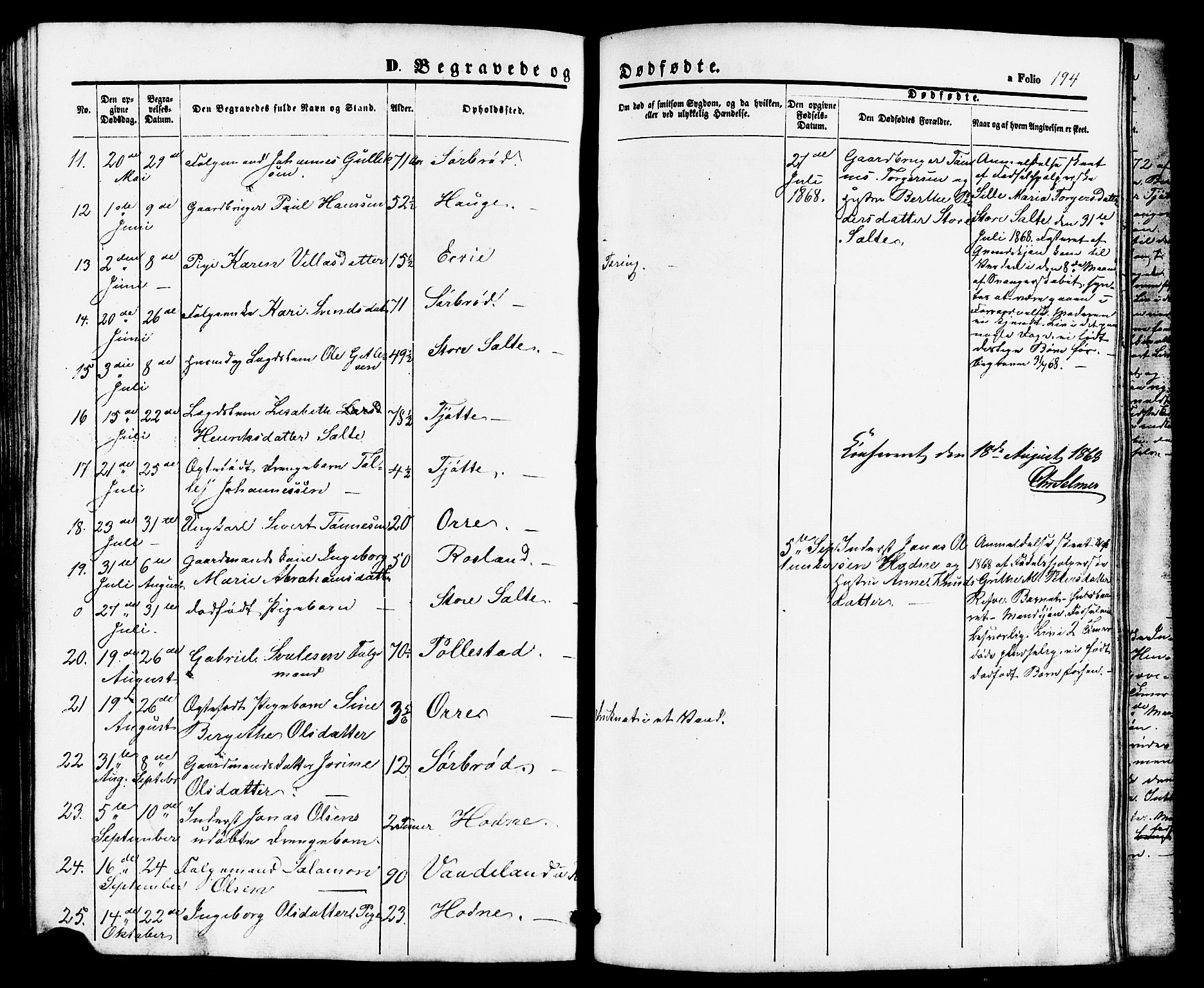 Klepp sokneprestkontor, AV/SAST-A-101803/001/3/30BB/L0002: Parish register (copy) no. B 2, 1860-1875, p. 194