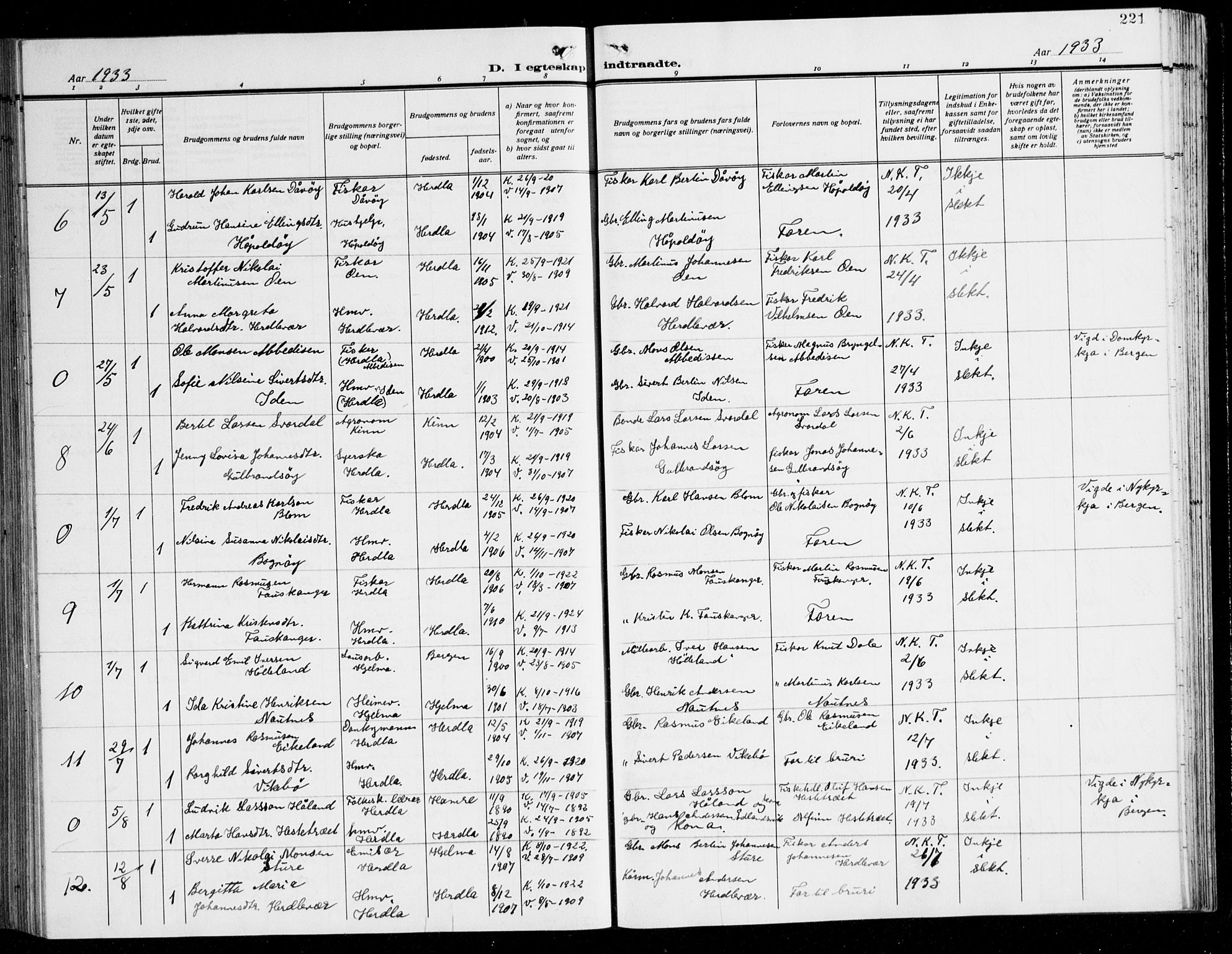 Herdla Sokneprestembete, AV/SAB-A-75701/H/Hab: Parish register (copy) no. C 3, 1926-1940, p. 221