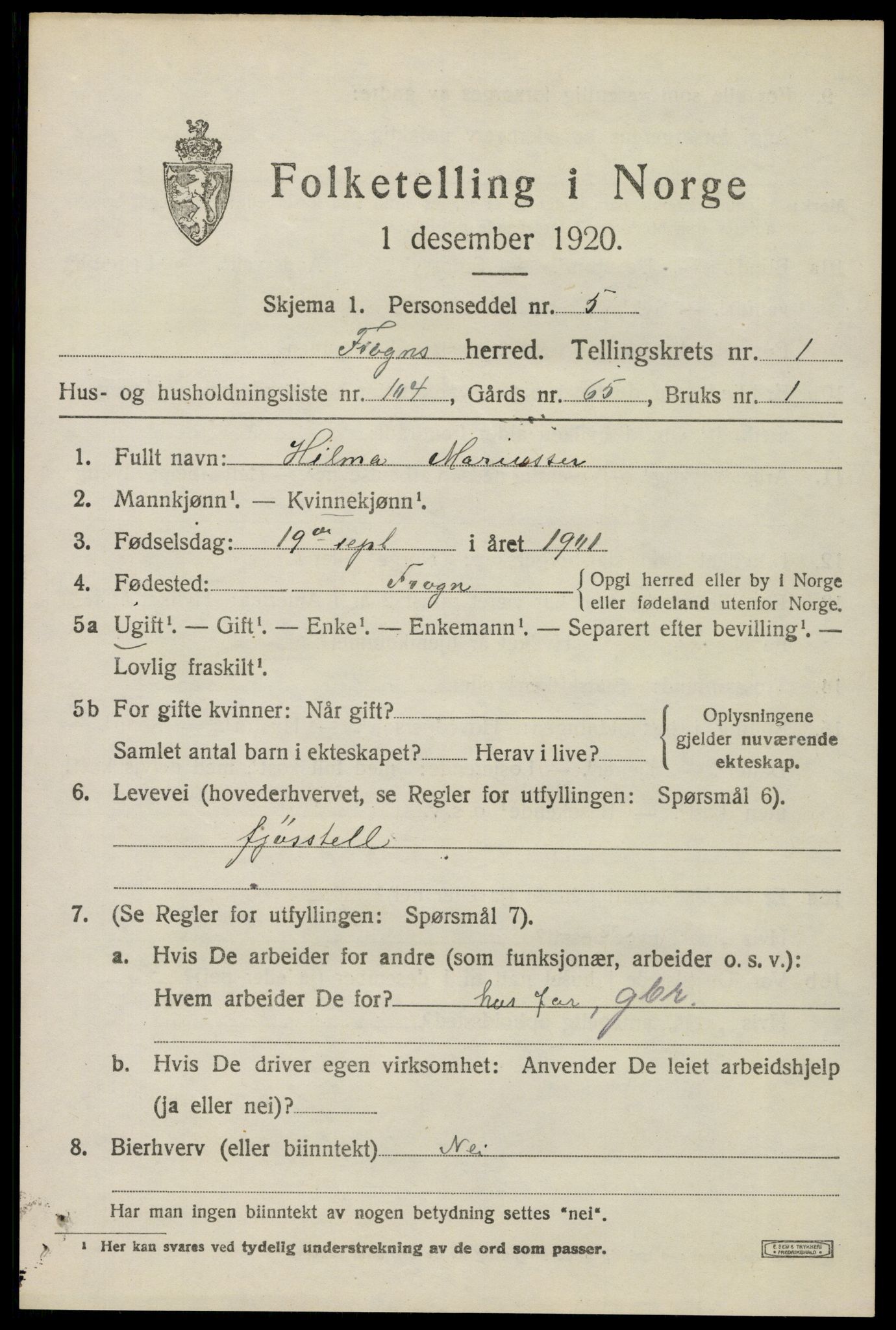 SAO, 1920 census for Frogn, 1920, p. 2387