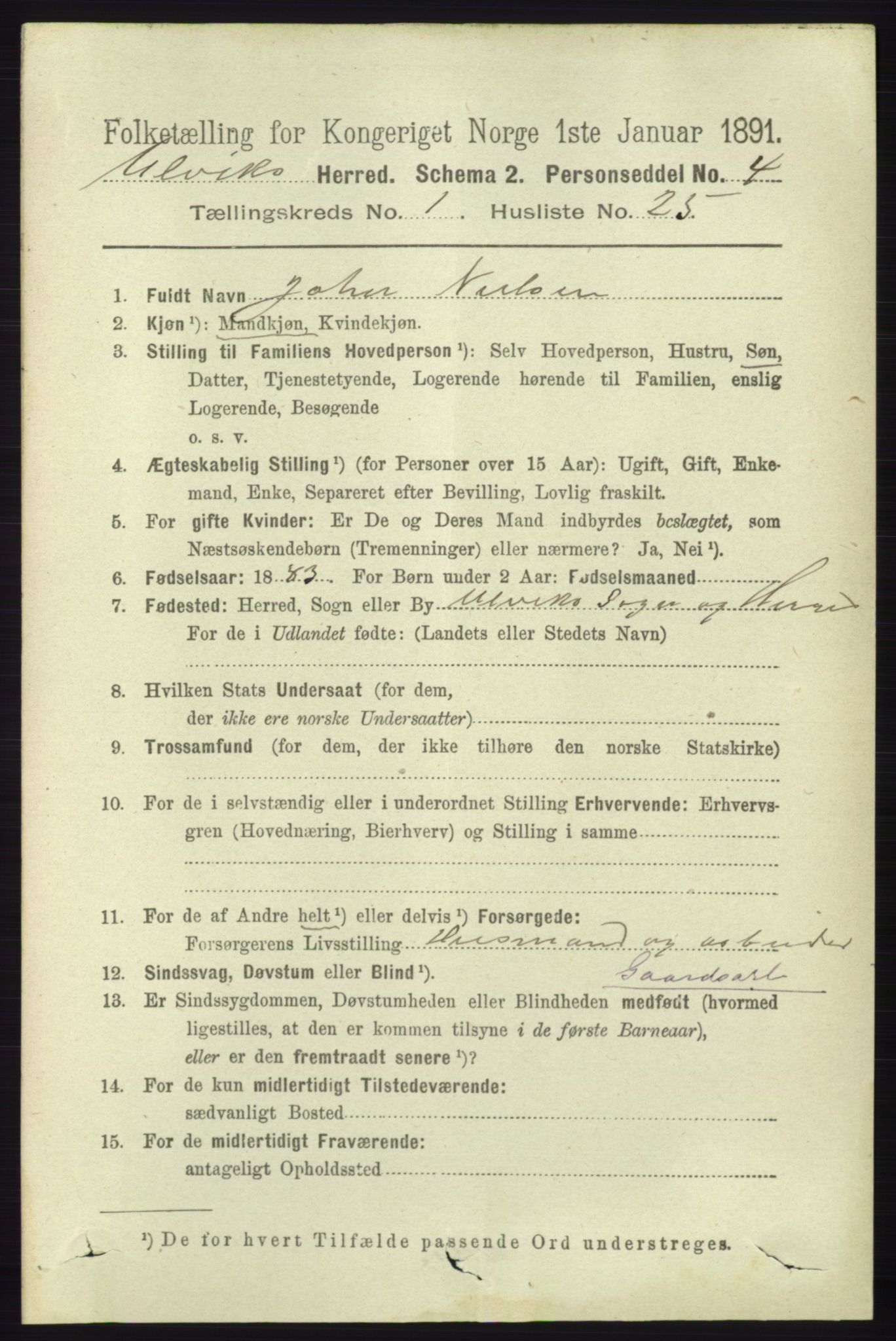 RA, 1891 census for 1233 Ulvik, 1891, p. 208