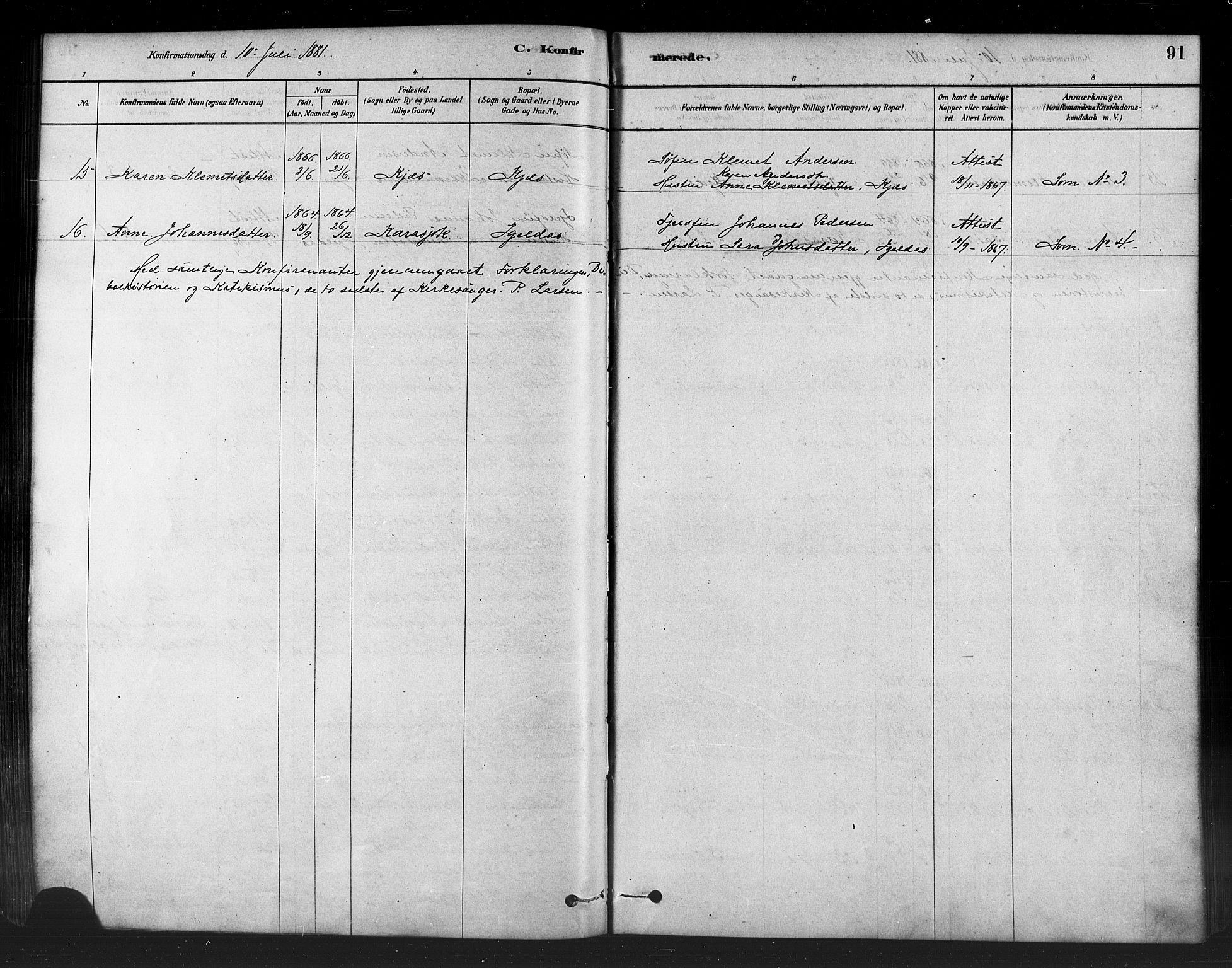 Kistrand/Porsanger sokneprestembete, SATØ/S-1351/H/Ha/L0007.kirke: Parish register (official) no. 7, 1881-1889, p. 91
