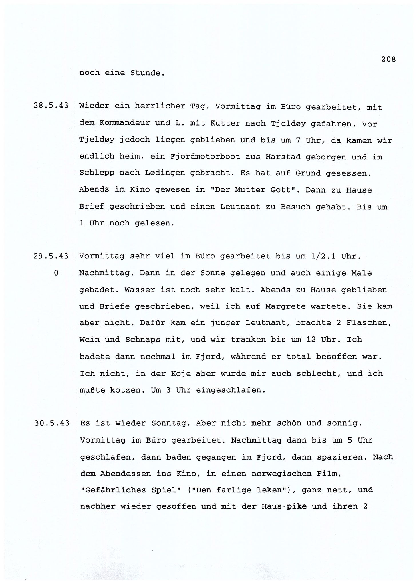 Dagbokopptegnelser av en tysk marineoffiser stasjonert i Norge , FMFB/A-1160/F/L0001: Dagbokopptegnelser av en tysk marineoffiser stasjonert i Norge, 1941-1944, p. 208