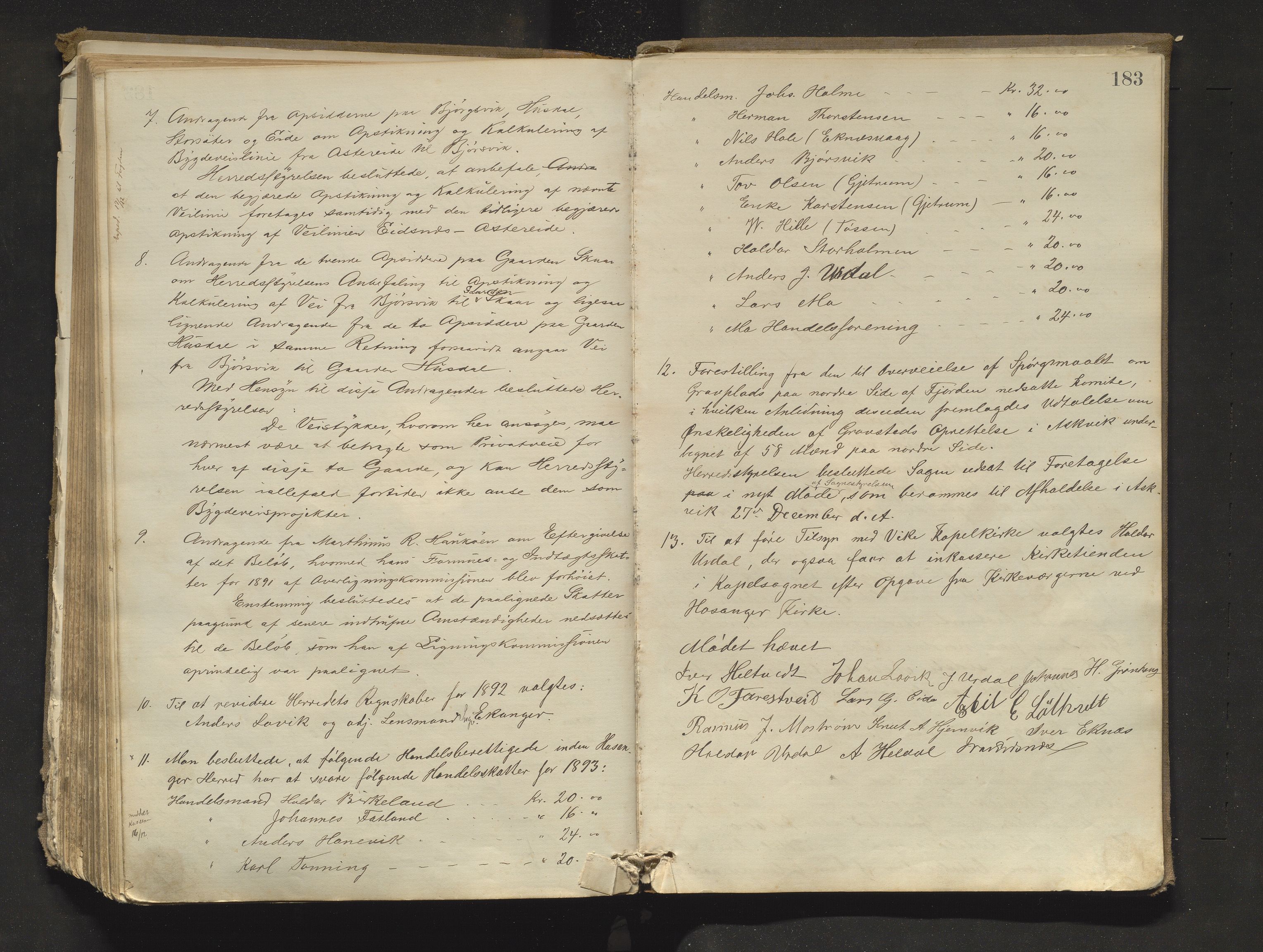 Hosanger kommune. Formannskapet, IKAH/1253a-021/A/Aa/L0003: Møtebok for Hosanger formannskap, heradsstyre og Hosanger soknestyre, 1881-1893, p. 183