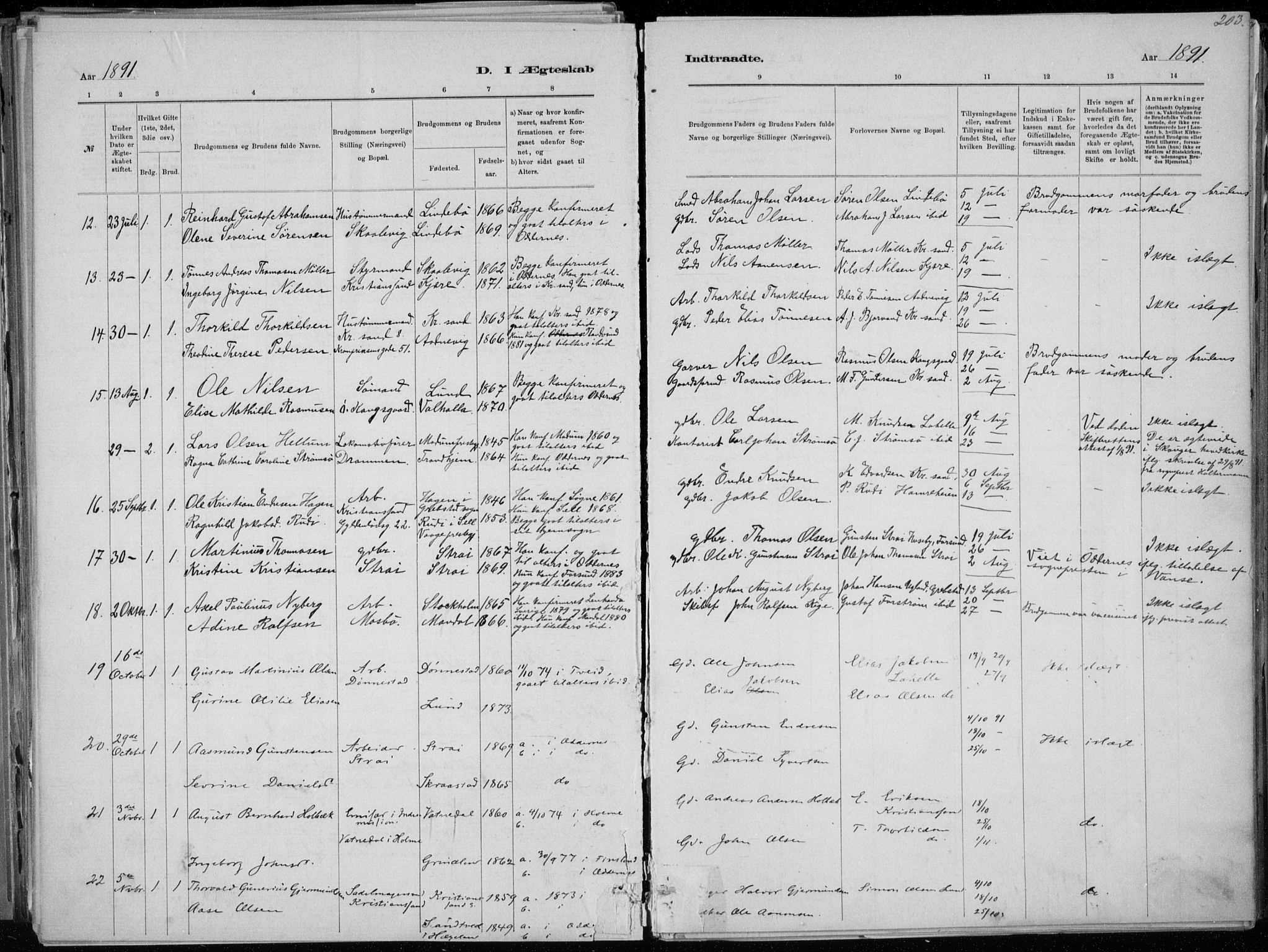 Oddernes sokneprestkontor, AV/SAK-1111-0033/F/Fa/Faa/L0009: Parish register (official) no. A 9, 1884-1896, p. 203