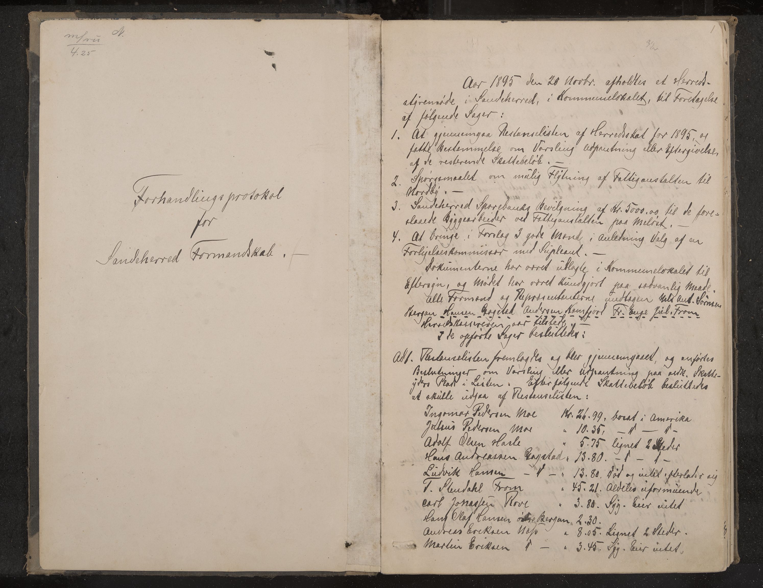 Sandar formannskap og sentraladministrasjon, IKAK/0724021/A/Aa/L0002: Møtebok, 1895-1900, p. 1