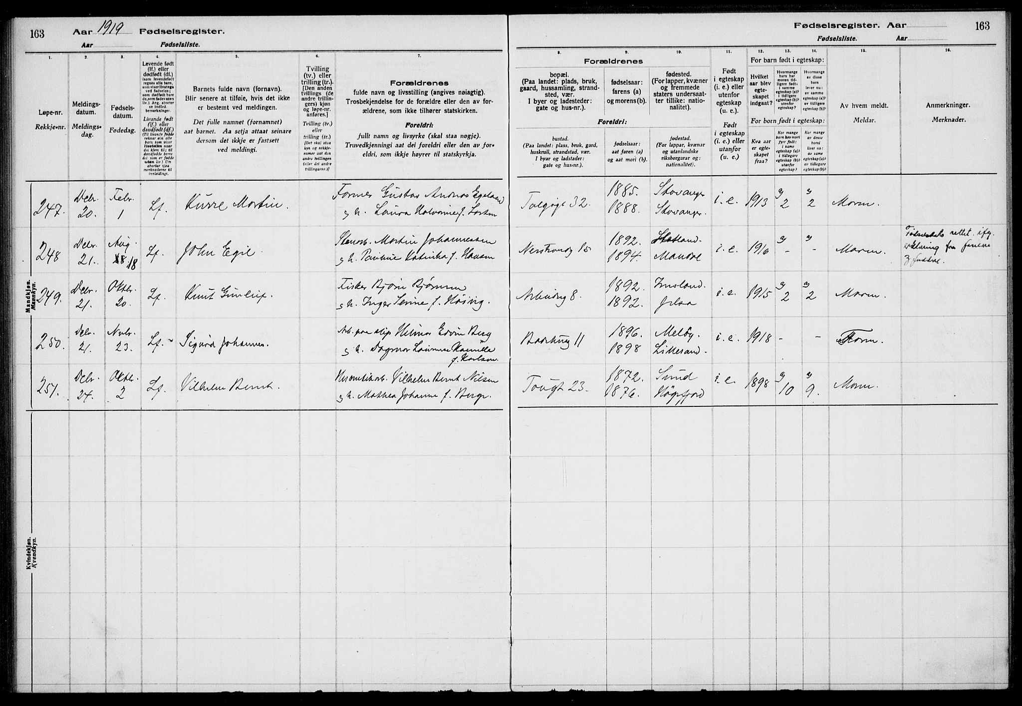 St. Johannes sokneprestkontor, AV/SAST-A-101814/002/A/L0001: Birth register no. 1, 1916-1919, p. 163