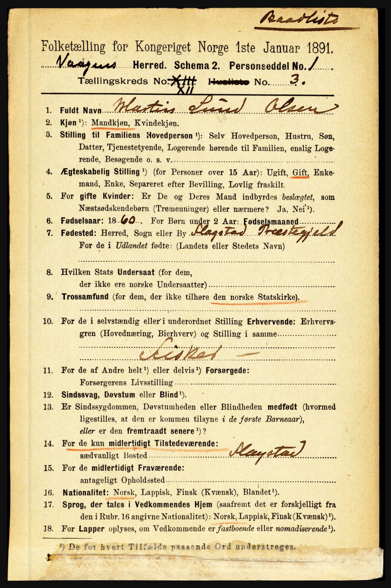 RA, 1891 census for 1865 Vågan, 1891, p. 3261