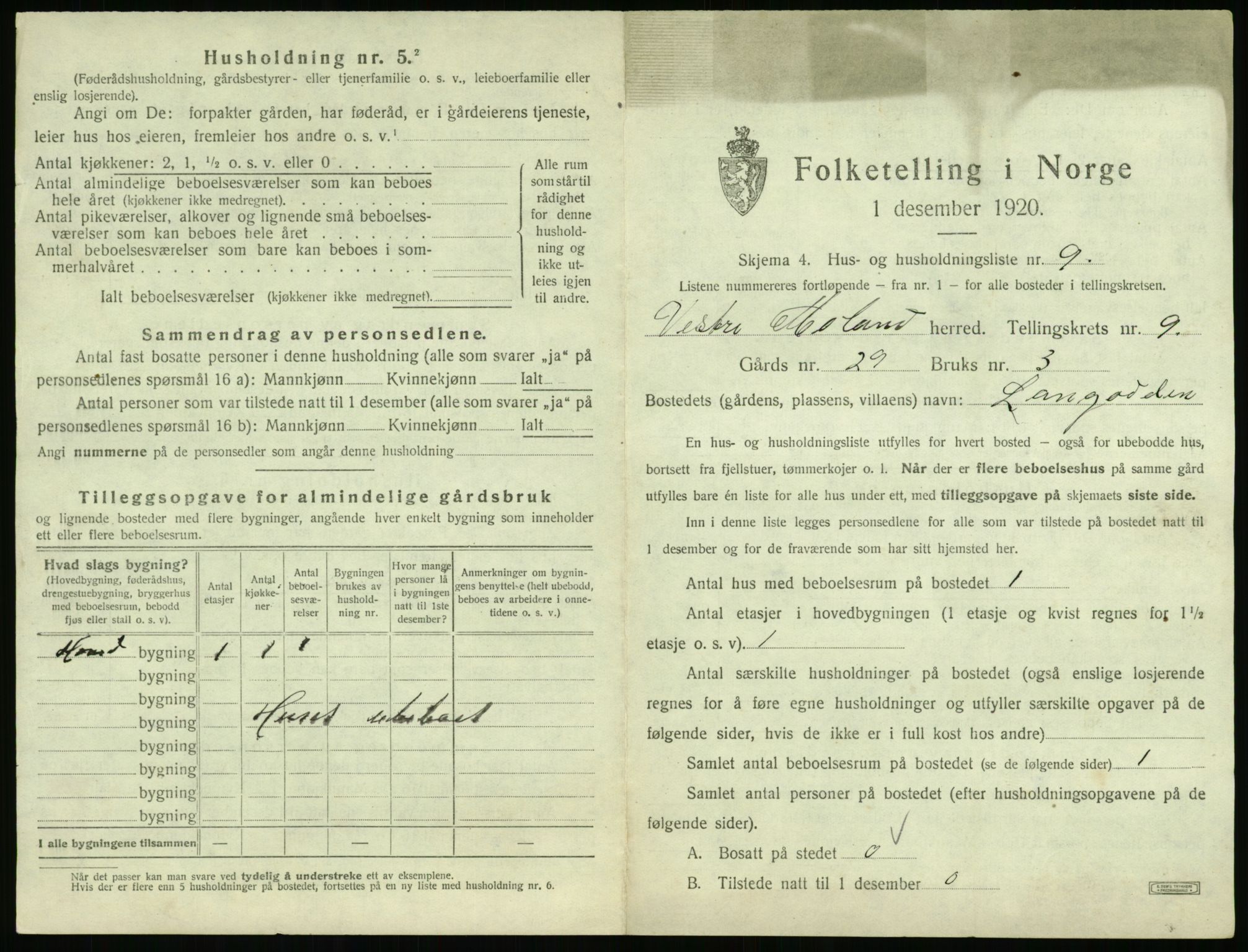 SAK, 1920 census for Vestre Moland, 1920, p. 1045