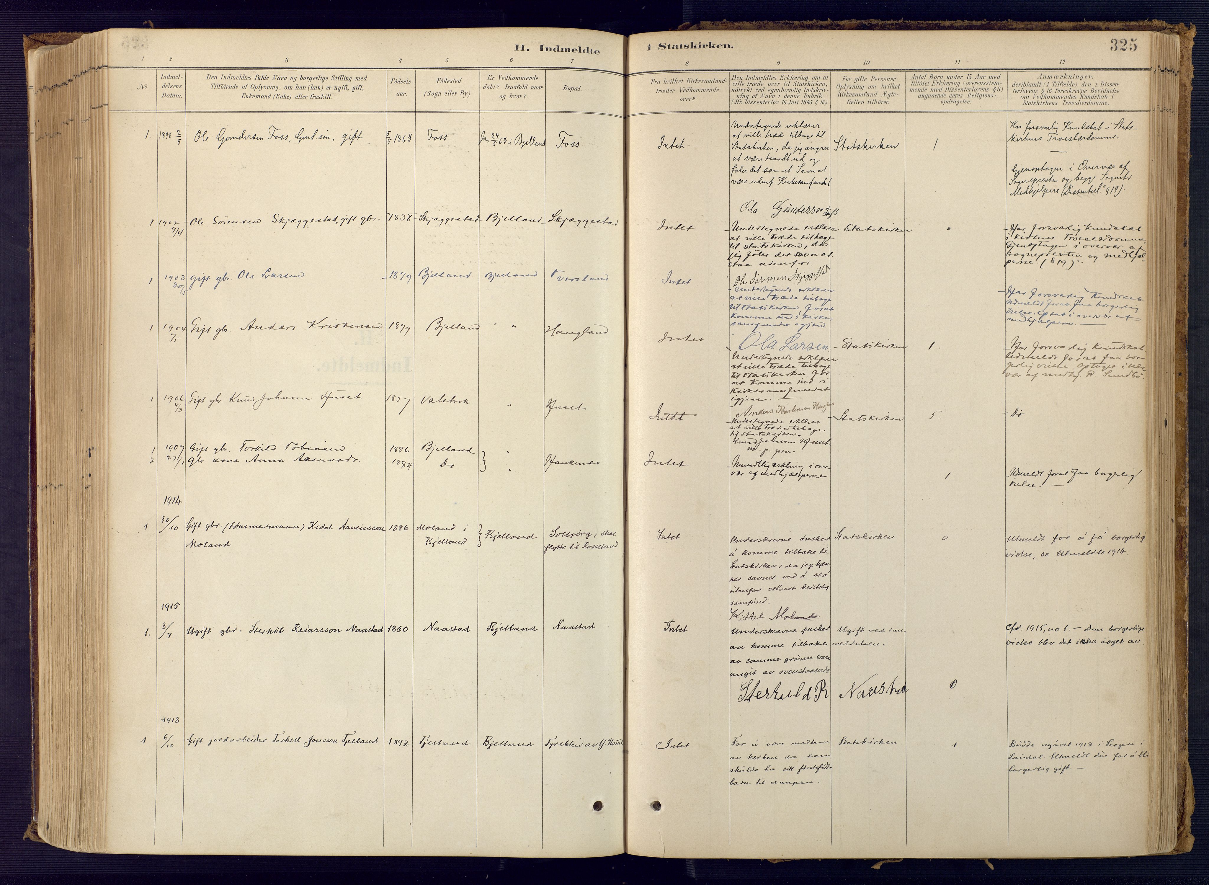 Bjelland sokneprestkontor, SAK/1111-0005/F/Fa/Faa/L0004: Parish register (official) no. A 4, 1887-1923, p. 325