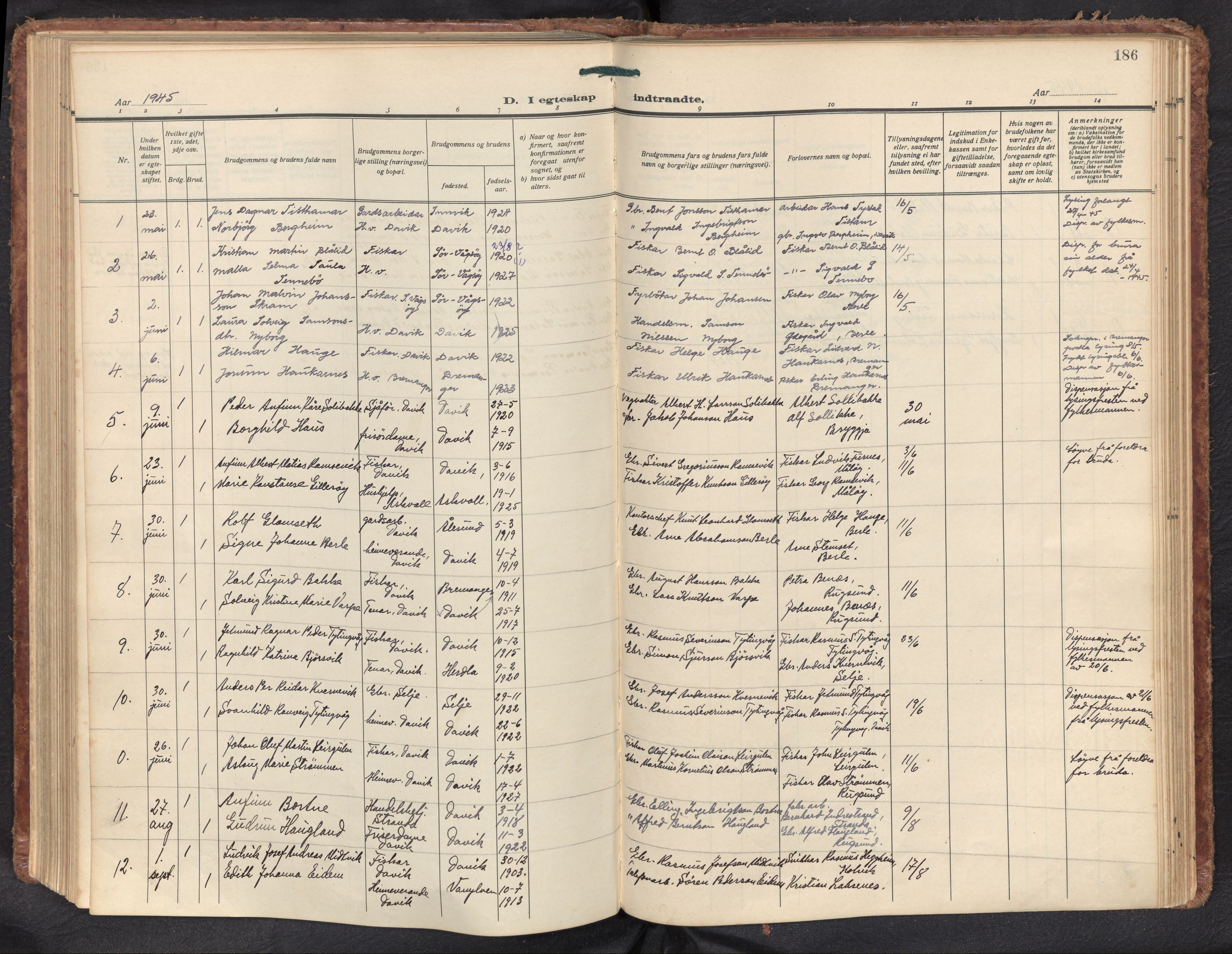 Davik sokneprestembete, AV/SAB-A-79701/H/Haa/Haad/L0003: Parish register (official) no. D 3, 1931-1952, p. 185b-186a