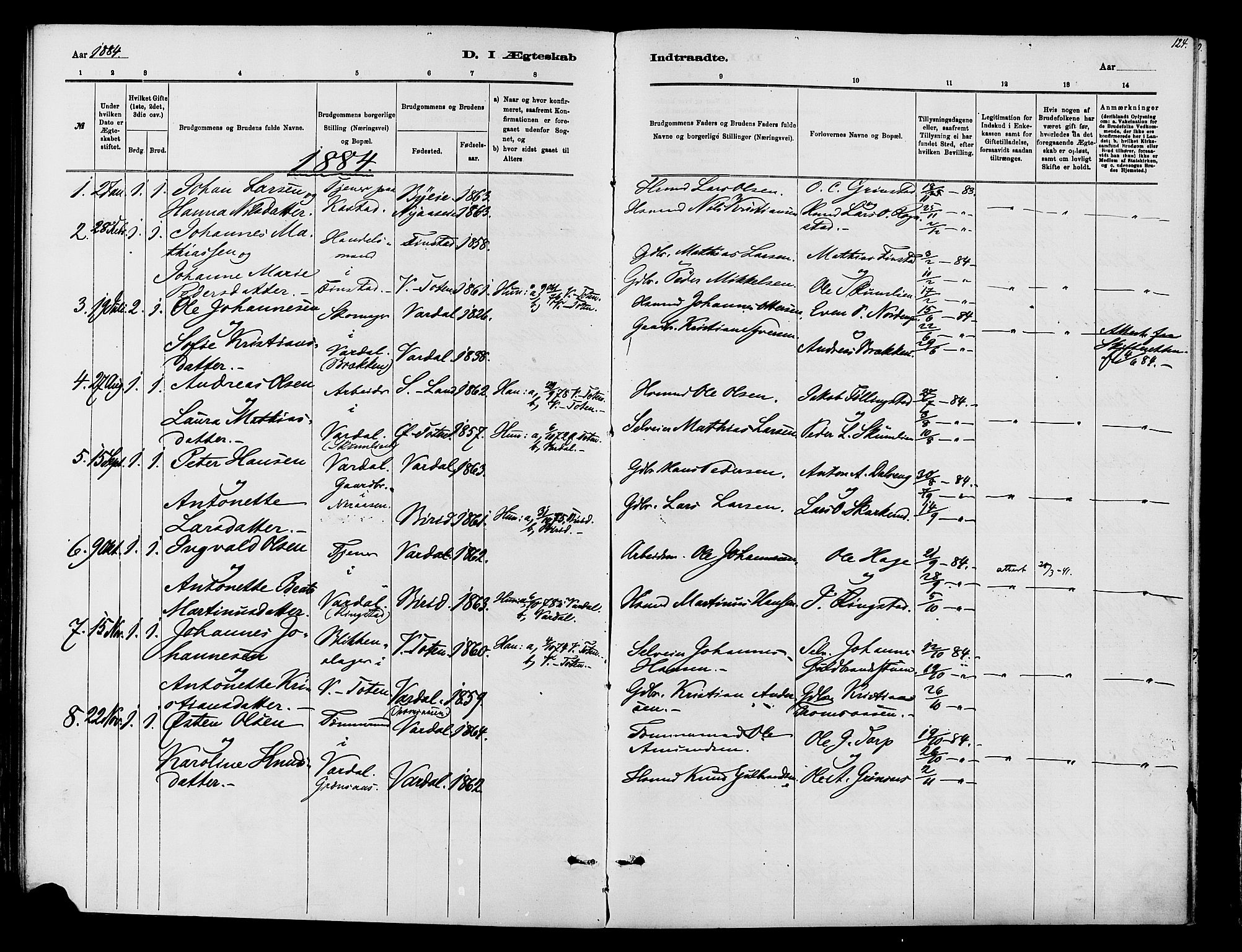 Vardal prestekontor, AV/SAH-PREST-100/H/Ha/Haa/L0010: Parish register (official) no. 10, 1878-1893, p. 124